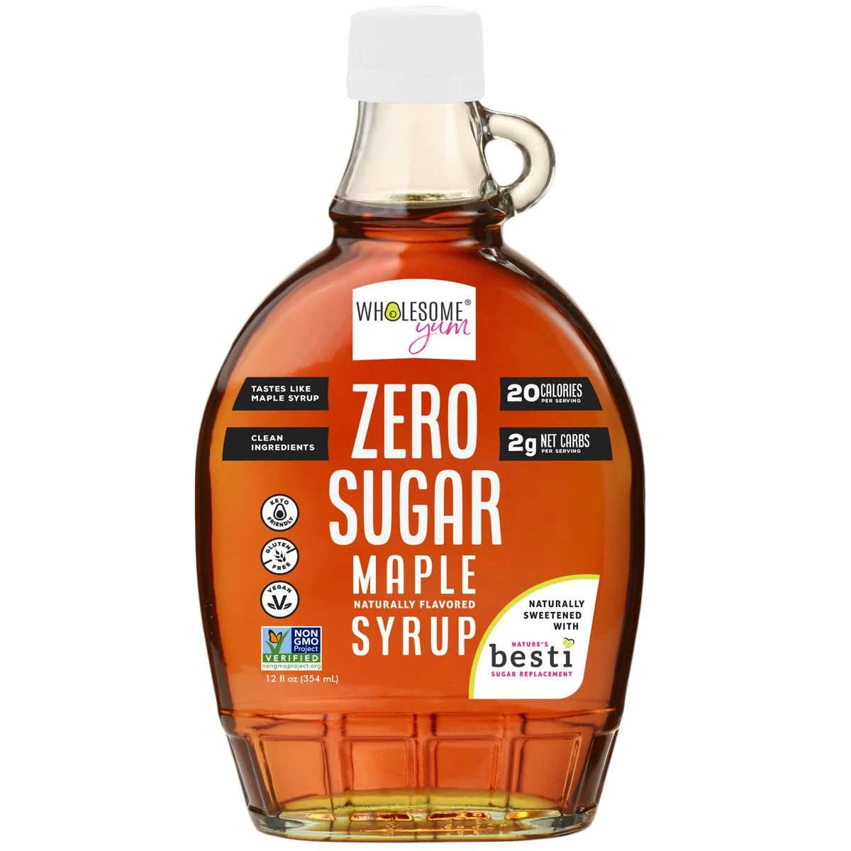 Wholesome Yum Zero Sugar Maple Syrup - Sugar Free Pancake Syrup with Monk Fruit & Allulose, 12 fl oz