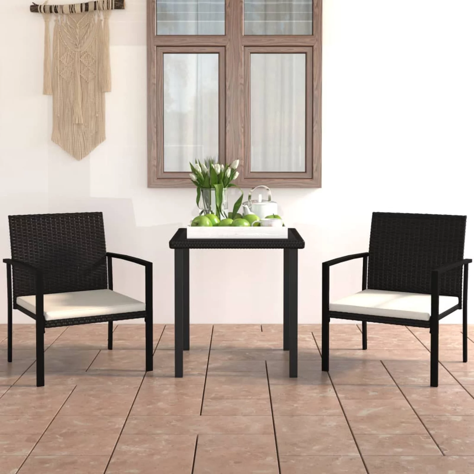 Walmeck 3 Piece Patio Dining Set Poly Rattan Black
