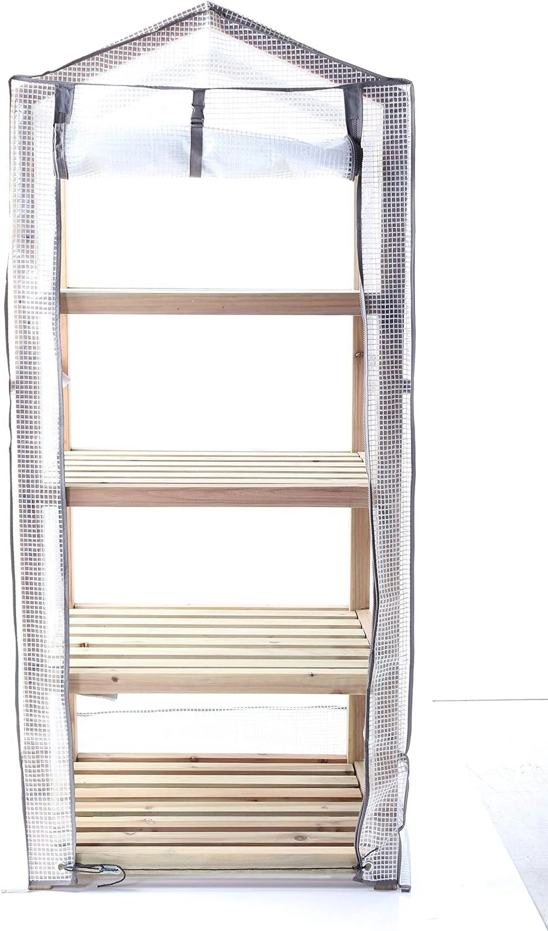 Premium 4-Wooden-Tier Greenhouse R08898 With Reinforced Polyethylene Cover. Dimensions: 19