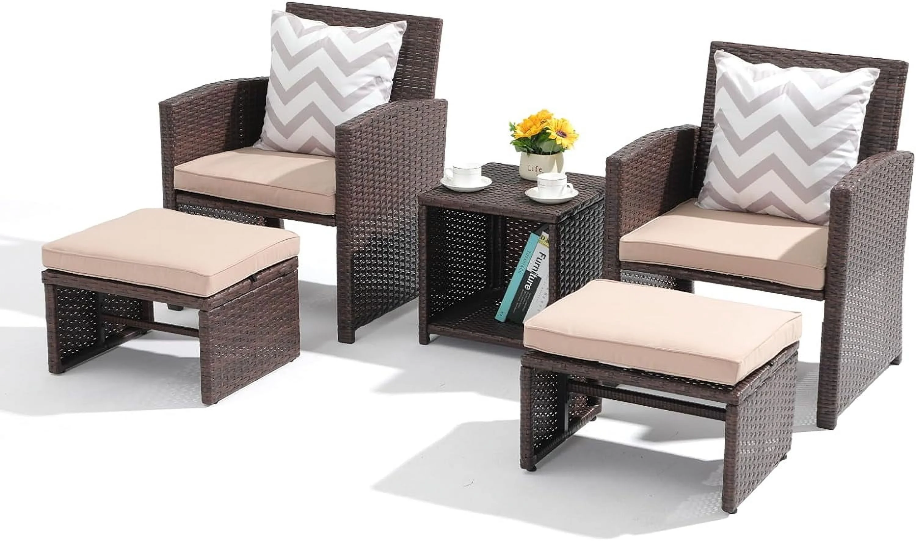 YPNLZQ 5 Pcs Patio Conversation Set Balcony  Set with Cushions  Brown Wicker Chair with Ottoman    for Backyard  Garden  Porch  Blue