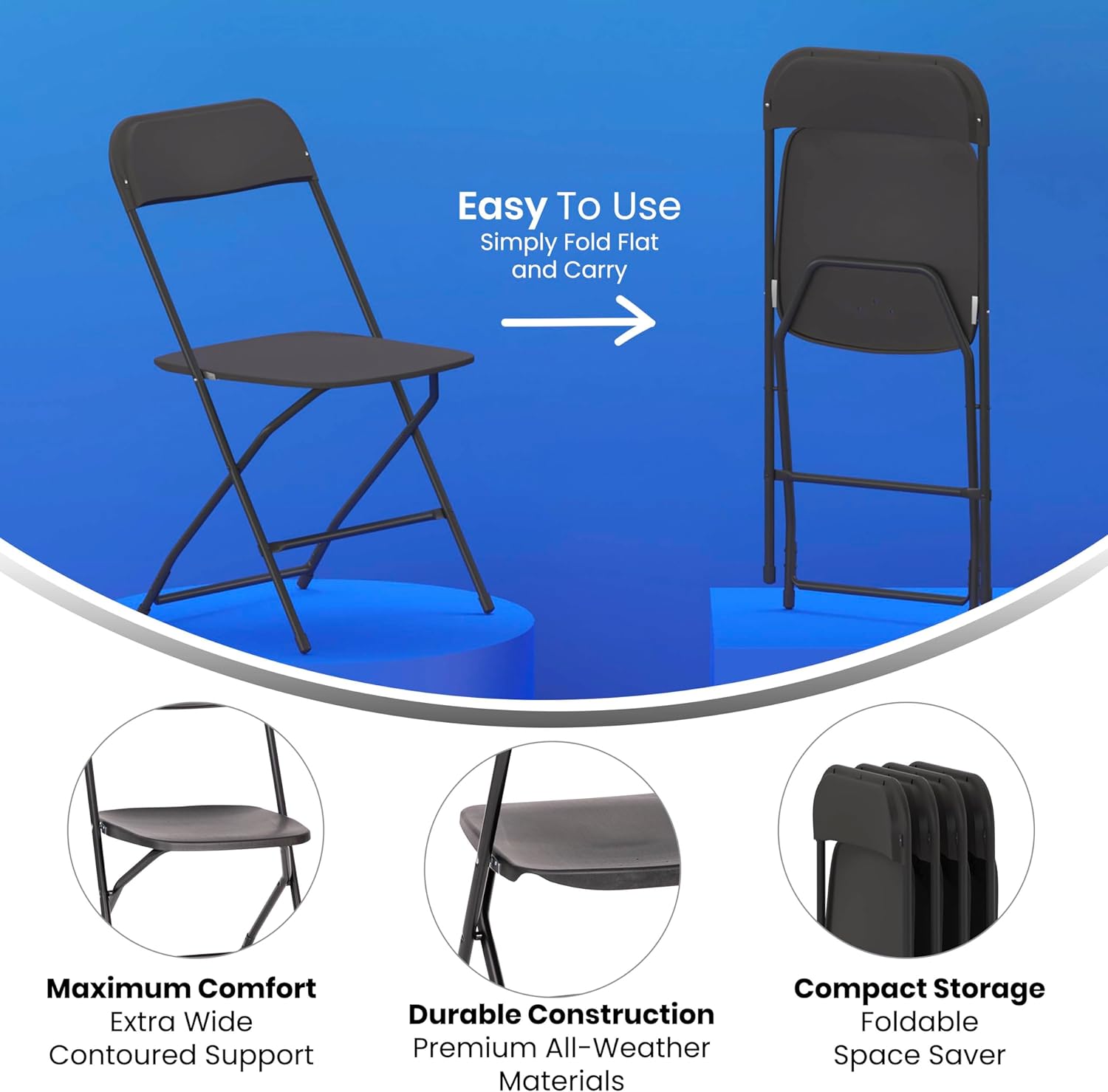 MINGFENG Hercules Series Big & Tall Stackable Plastic Folding Chairs, Extra Wide Commercial Event Seats, Set of 4, Black