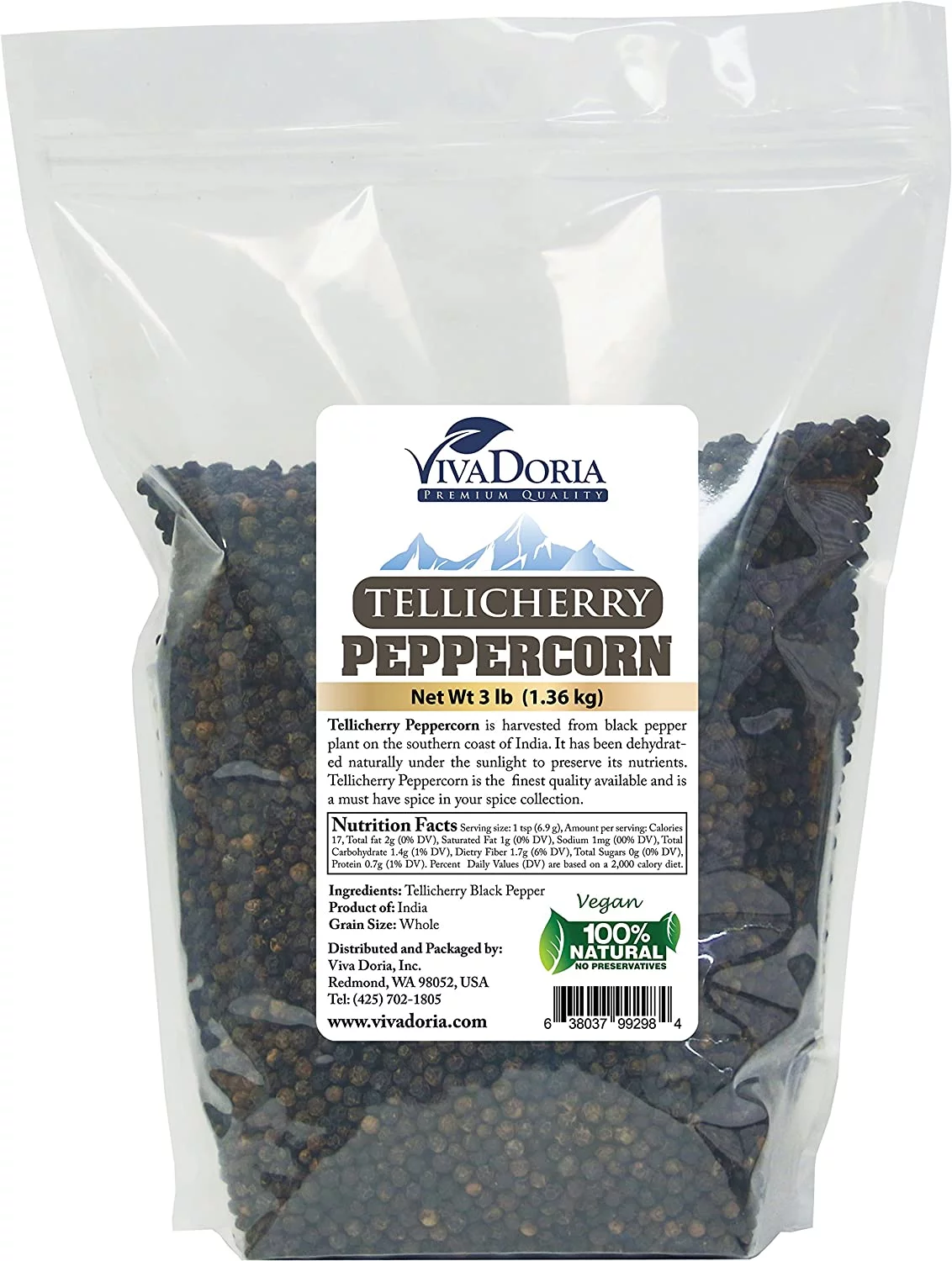 Viva Doria Tellicherry Black Peppercorn, Whole Black Pepper, 3 Lb