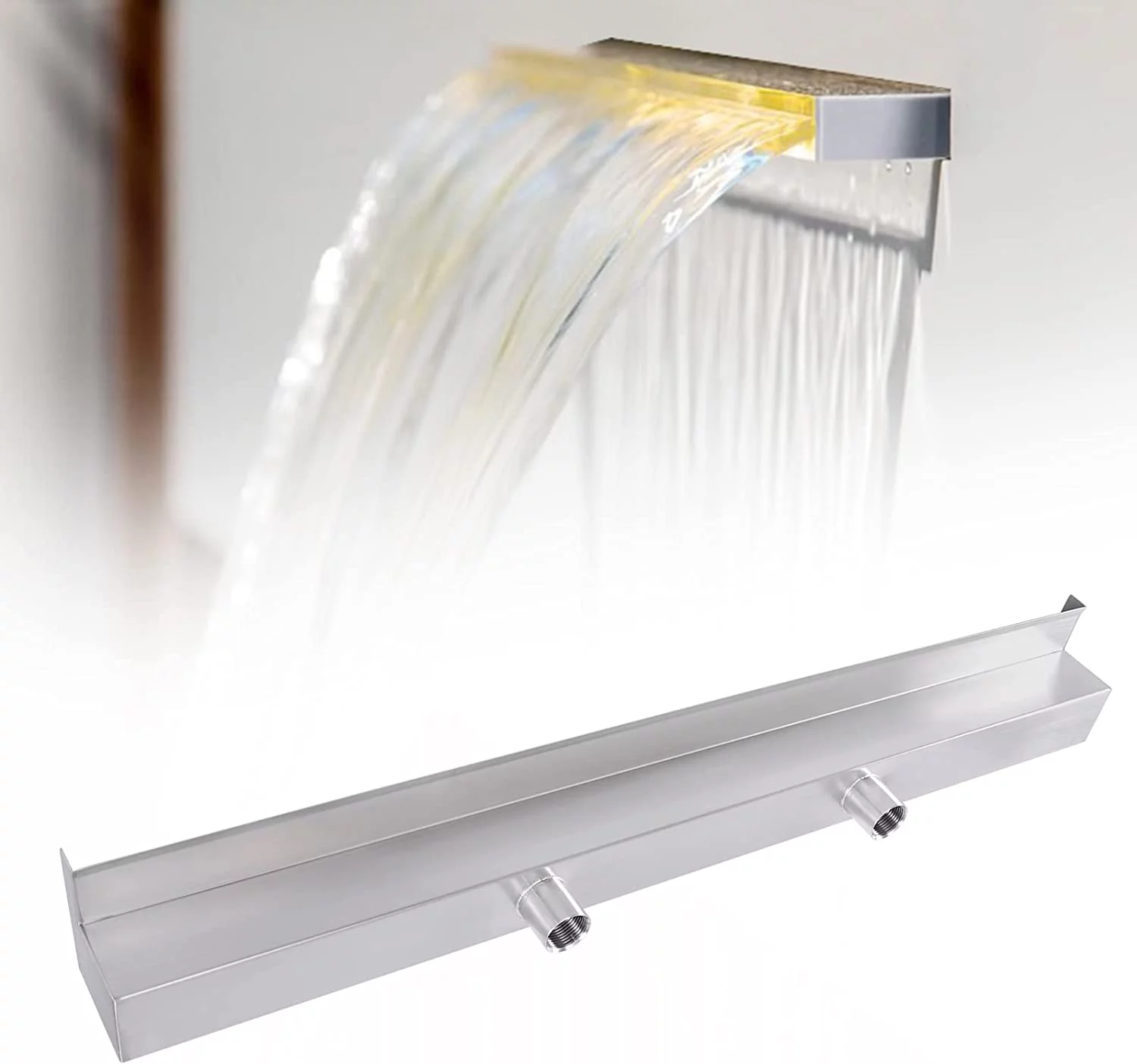 FETCOI Pool Waterfall, Stainless Steel Pool Waterfall Spillway with Wide Water Flow Platform, Sliver Pond Spillway