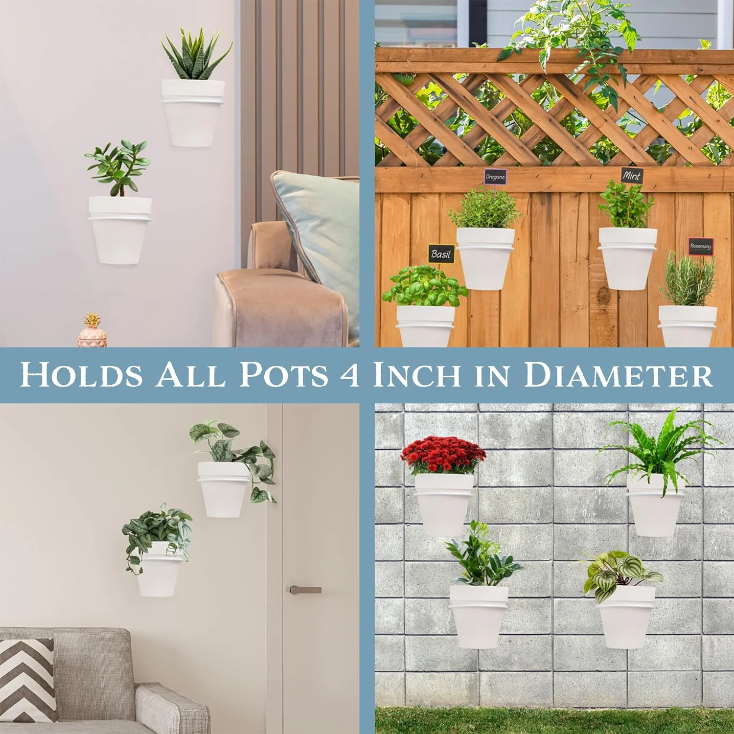 Metal Wall Ring Planters (4-Inch, White); Wall-Mounted Garden Holders