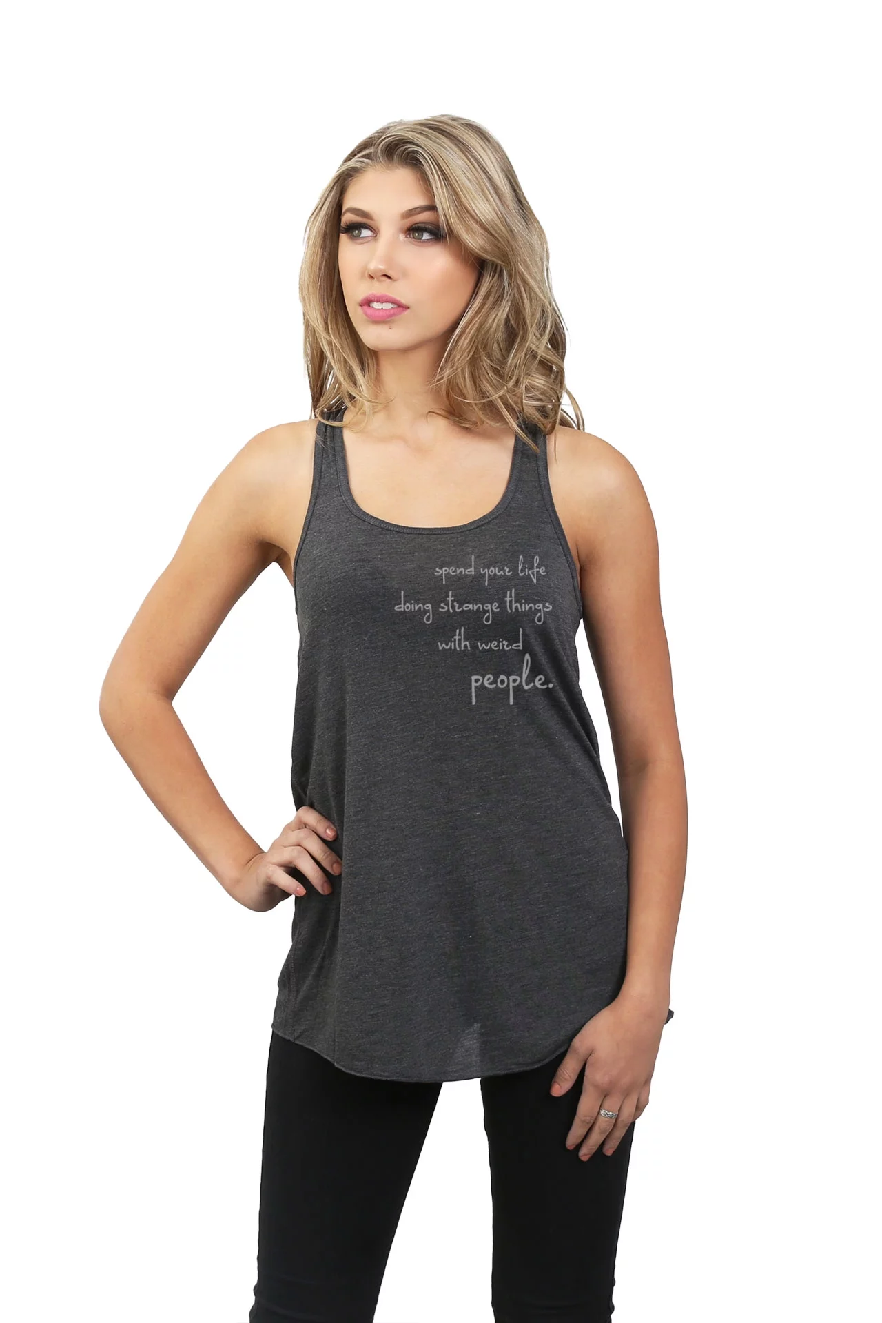 Thread Tank Spend Your Life Doing Strange Things With Weird People Women's Fashion Sleeveless Flowy Racerback Tank Top Charcoal X-Large