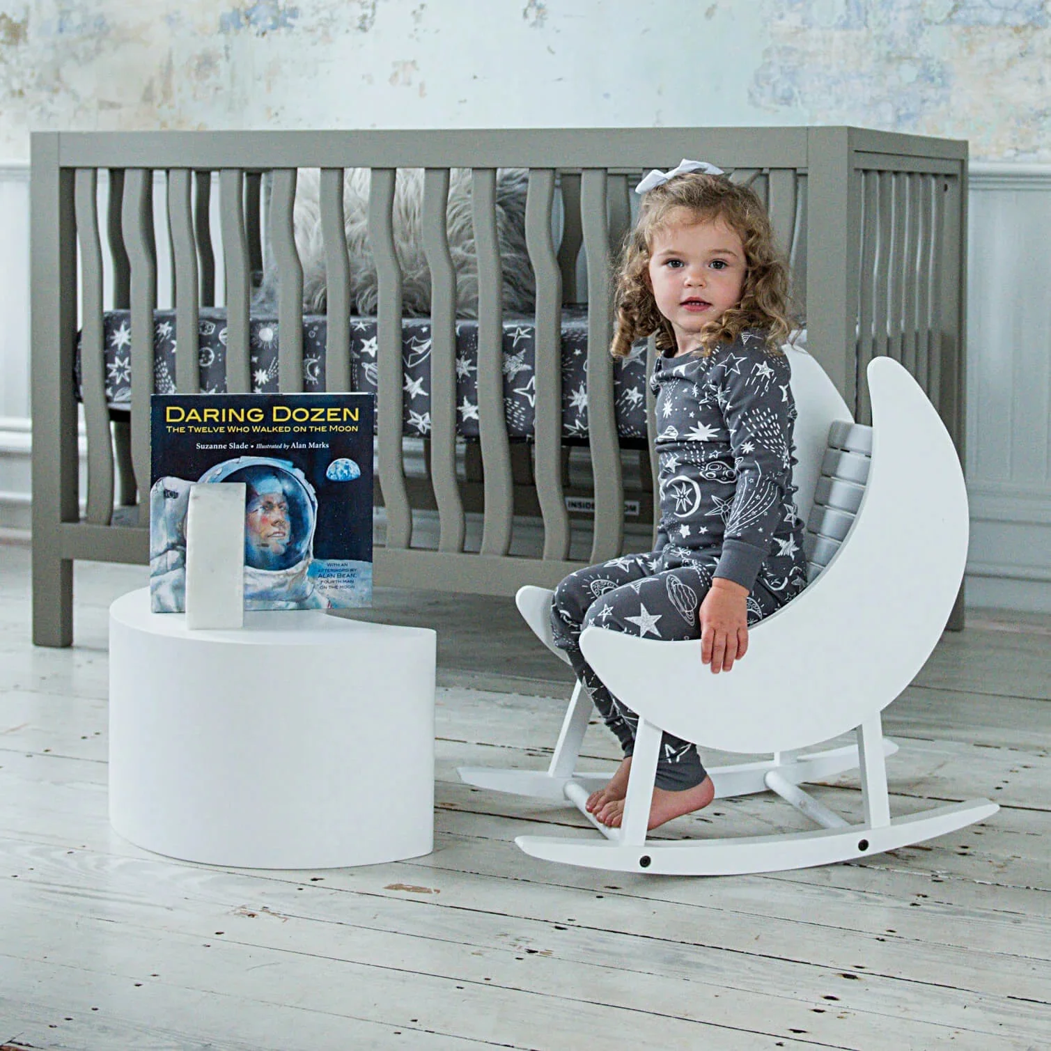 Milk Street Baby Crescent Moon Tot Rocker in Acacia with Snow GREENGUARD GOLD CERTIFIED FINISHES