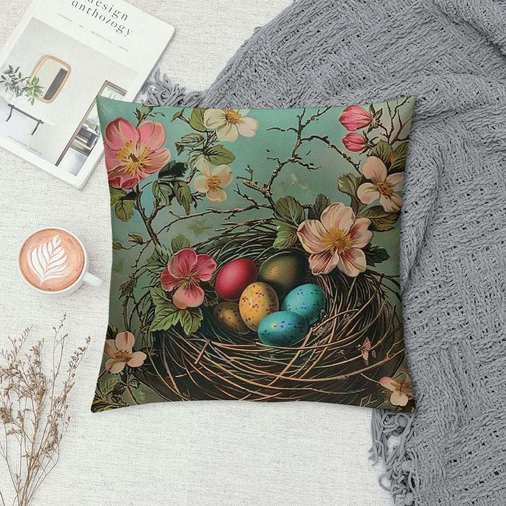 Awypu Happy Easter Throw Pillow Covers Vintage Peach Blossoms Bird nest Easter Egg Country Rustic Teal Comfort Square with Zipper Living Room Bedroom Dorm Couch Chair Pillow case
