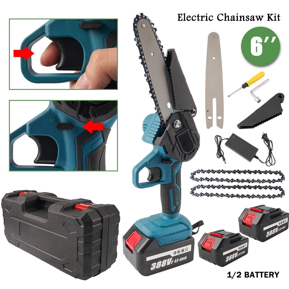 6in Electric Mini Handheld Chainsaw Kit Cordless Wood Cutter Pruning 2 Battery