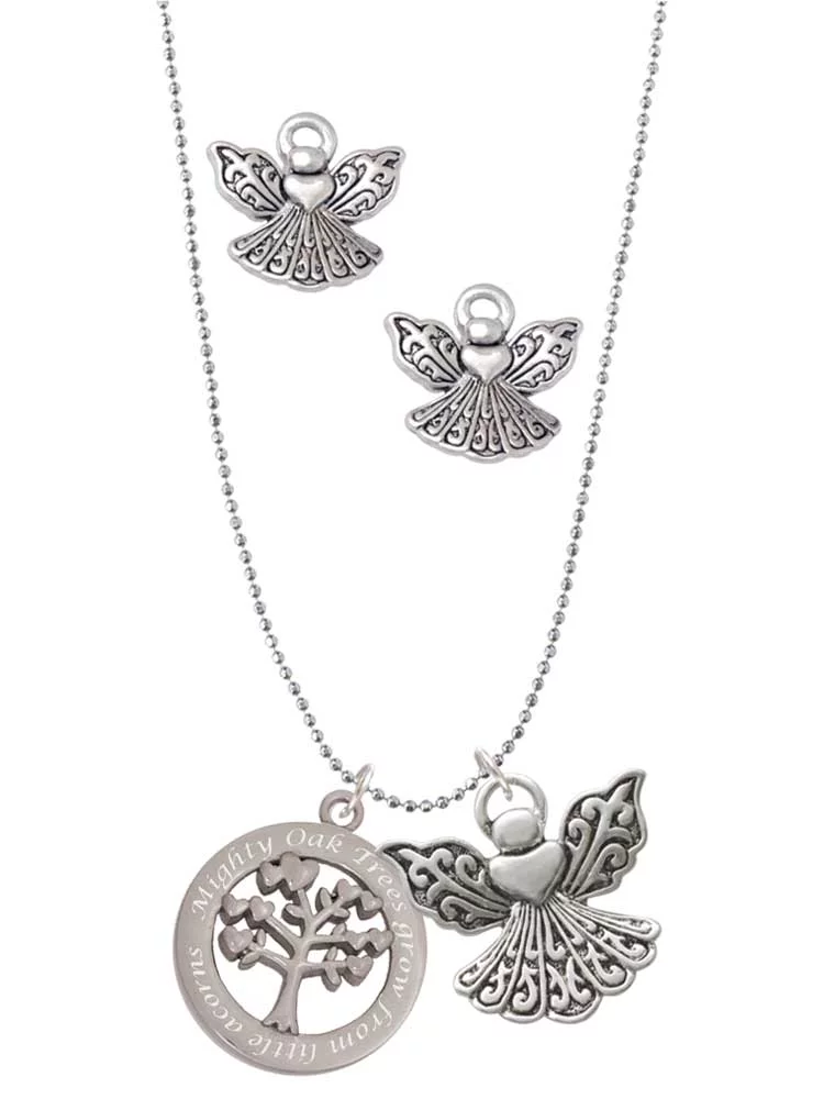 Delight Jewelry Stainless Steel Mighty Oak Tree of Life - Silver tone Guardian Angel Charm Necklace and Stud Earrings