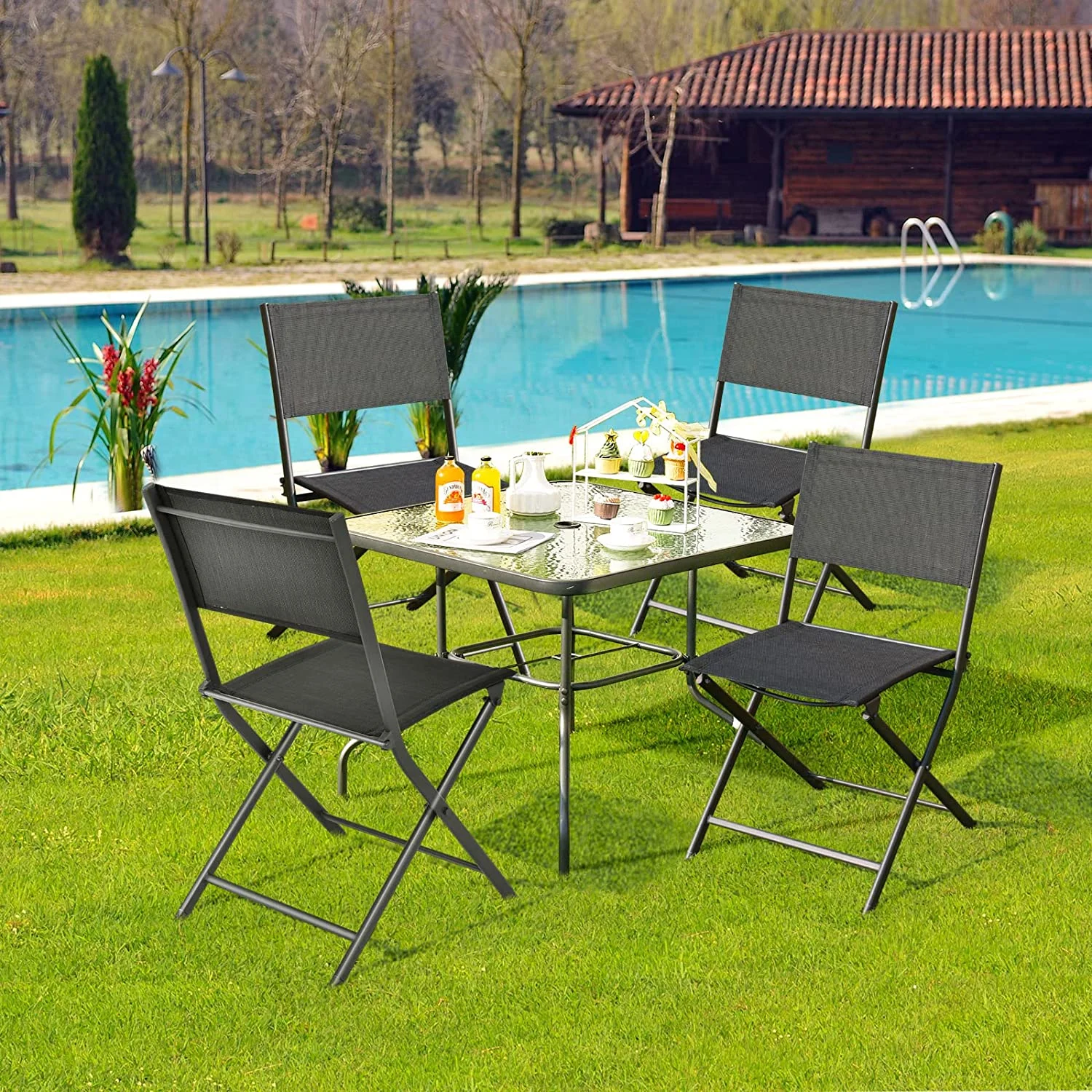 Patio Folding Chairs Set of 4, Outdoor Portable Camping Chairs with Breathable Fabric Backrest & Seat, Heavy Duty Steel Dining Chairs Sling Chairs for Poolside, Yard, Garden, Deck, Lawn