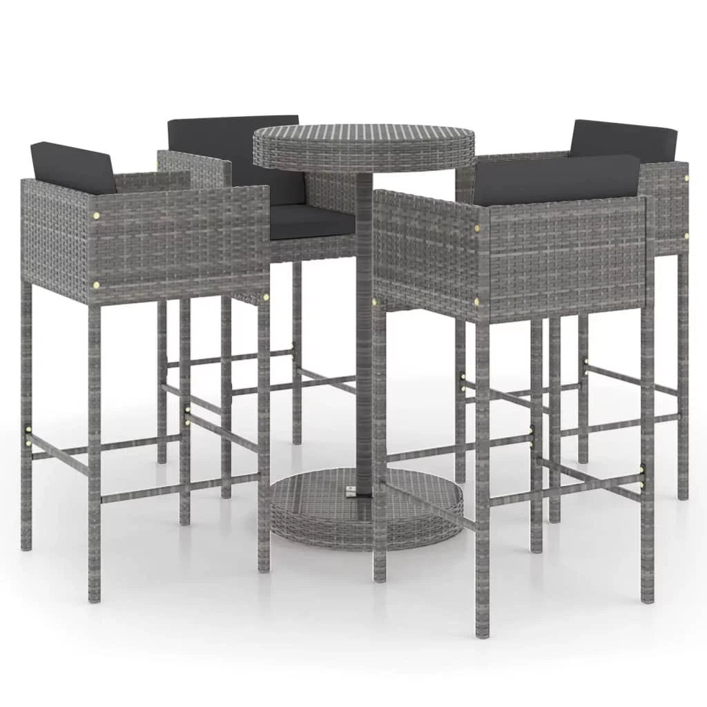 5 Piece Patio Bar Set with Cushions Poly Rattan Gray