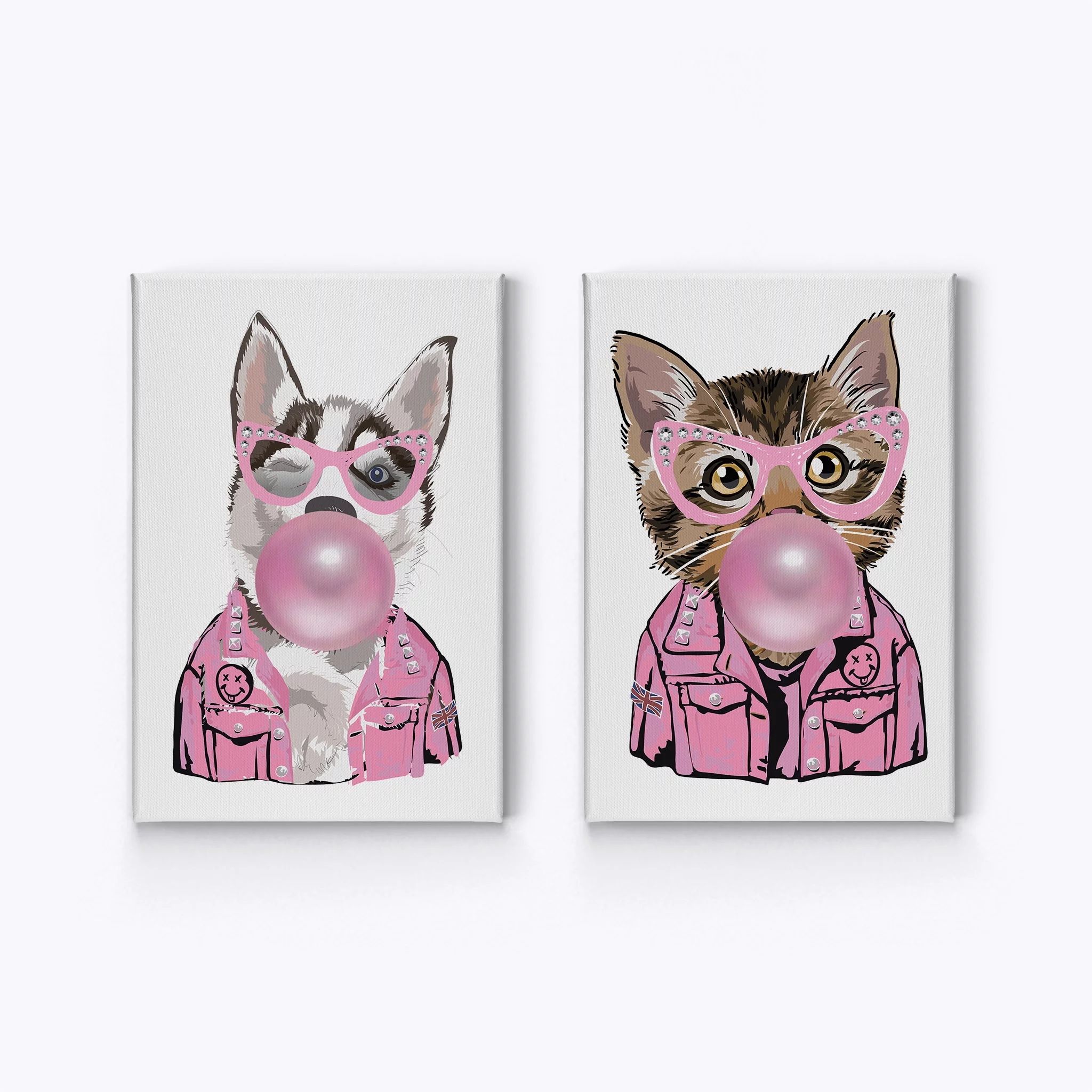 Smile Art Design Portrait of Husky Dog and Cat Chewing Pink Bubble Gum 2 Piece Canvas Wall Art Print Set Animal Pop Art Living Room Bedroom Kids Baby Nursery Room Decor - 22x15