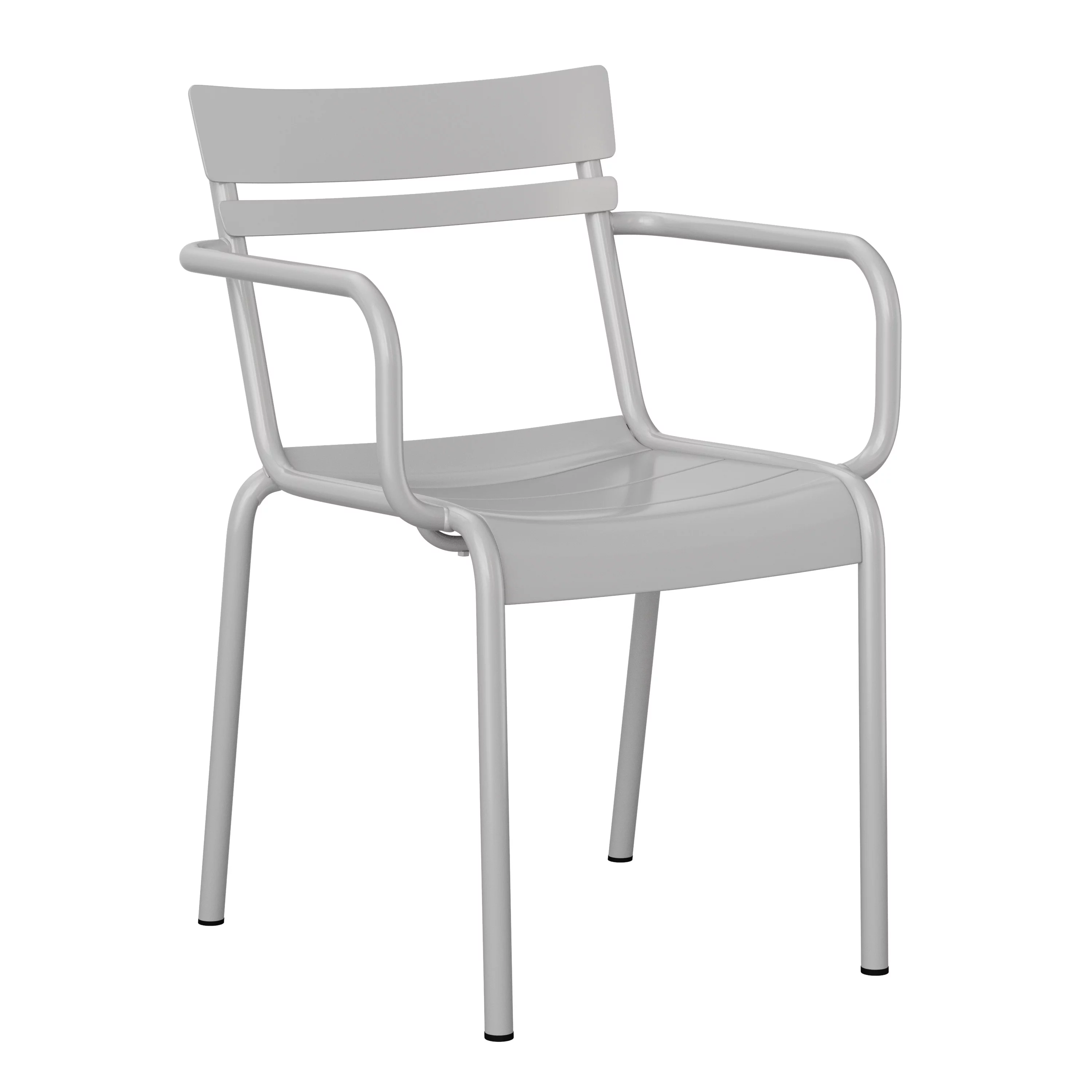 Emma + Oliver Set of 4 Powder Coated Steel Stacking Dining Chairs with Arms and 2 Slat Backs for Indoor-Outdoor Use in Silver