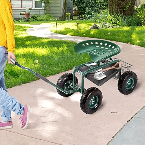 Garden Cart Yard Cart - Garden Cart with Seat,Garden Stool with Wheels,Gardening Stool,Beach Cart,Green