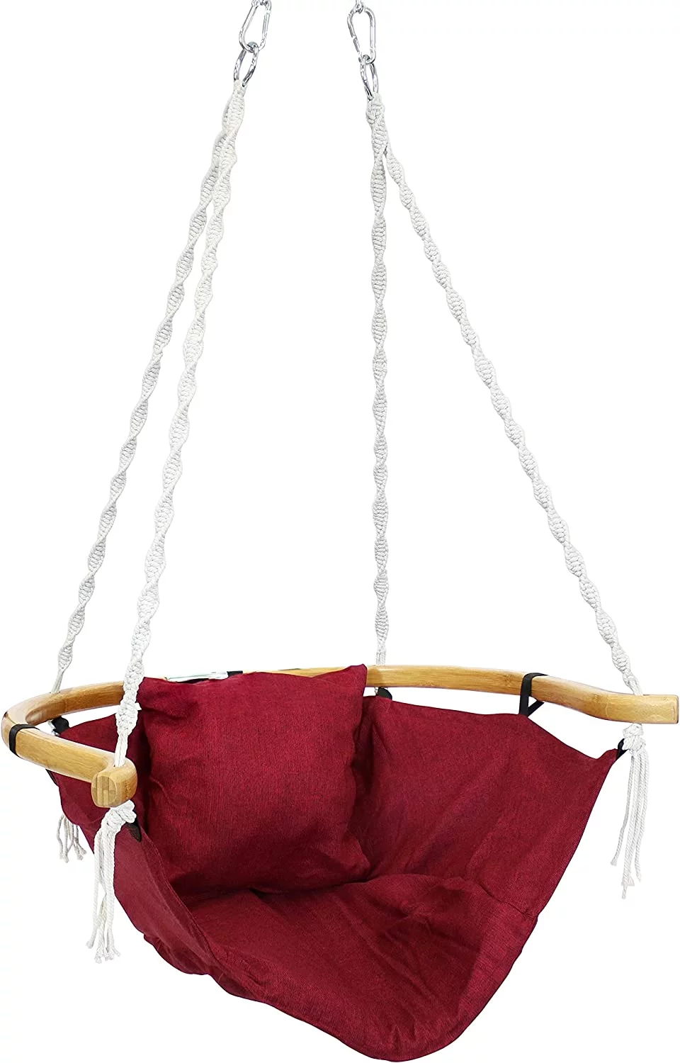 Audrey Hammock Chair Swing with Wood Armrest and Cushion - Outdoor Hanging Lounge Seat for Patio, Balcony and Backyard - Olefin Fabric and Bamboo - 260-Pound Capacity - Red