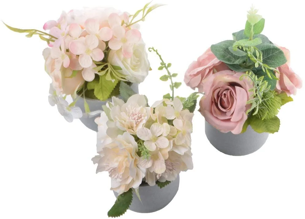 SAROSORA Artificial Flowers in Pots Rose & Peony Arrangement for Living Room Home Wedding Decor Indoor Gift | Faux Fake Flower- 6 Inch Set of 3 (Round)