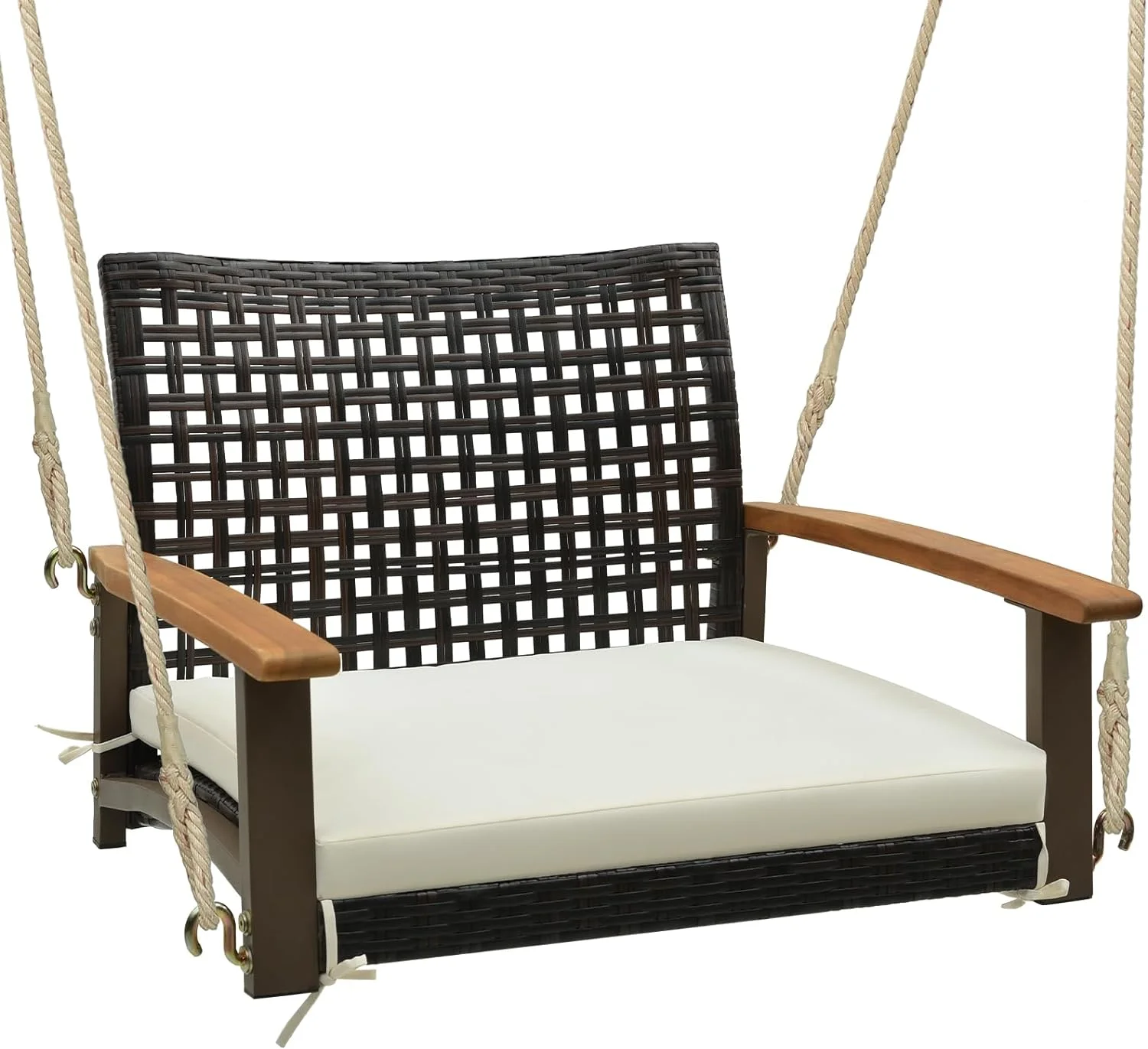 Elegant 1-Person Rattan Porch Swing with Cushion, Outdoor Single Swing Chair Bench with Acacia Wood Armrests and Hanging Hemp Ropes, Bench Swing for Porch, Yard, Balcony, Tree (Off White)