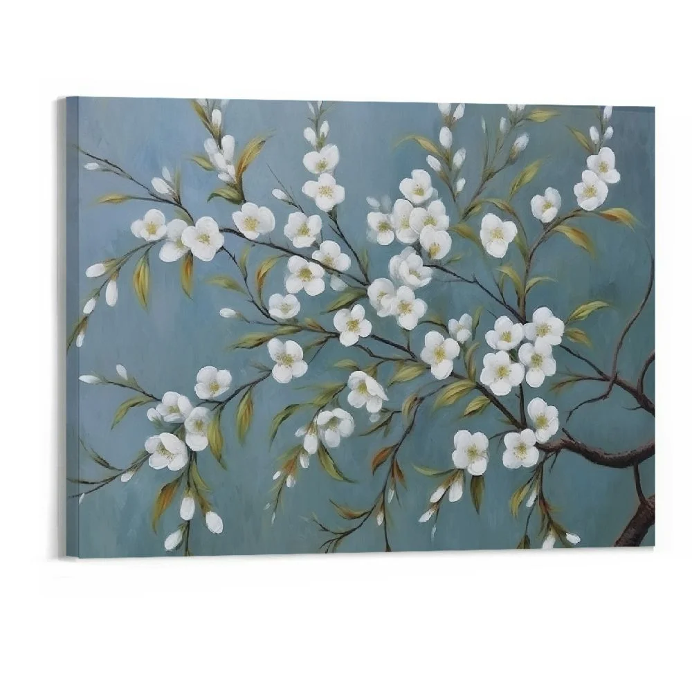 Fenyluxe Cherry Blossom Canvas Wall Art with Textured Teal and White Magnolia Flower Painting Pictures Plum Blossom Artwork for Living Room Bedroom Bathroom Decor 20X16 Inches