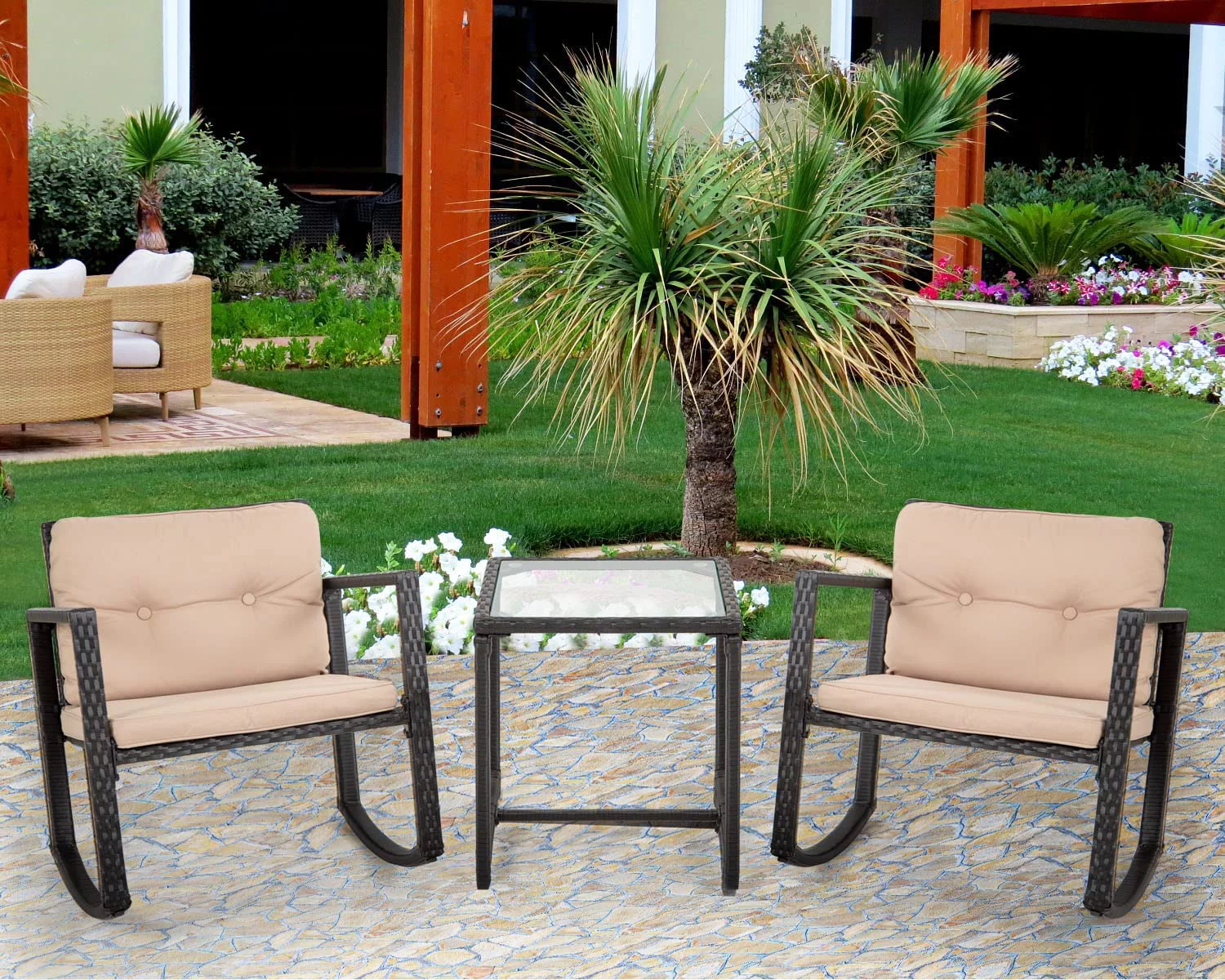 MINGFENG Patio Furniture Set 3 Piece Wicker Outdoor Rocking Chairs Front Porch Furniture Rattan Chair Bistro Set with Coffee Table and Cushions