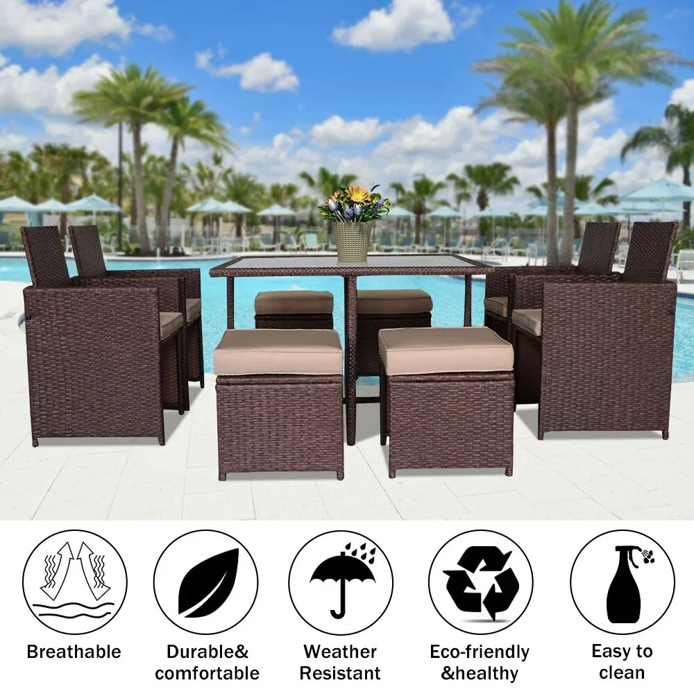 Patio Furniture Set 9 Pieces Wood Grain PE Wicker Rattan Dining Ottoman Chair with Tempered Glass Table Steel Frame[US-Stock]