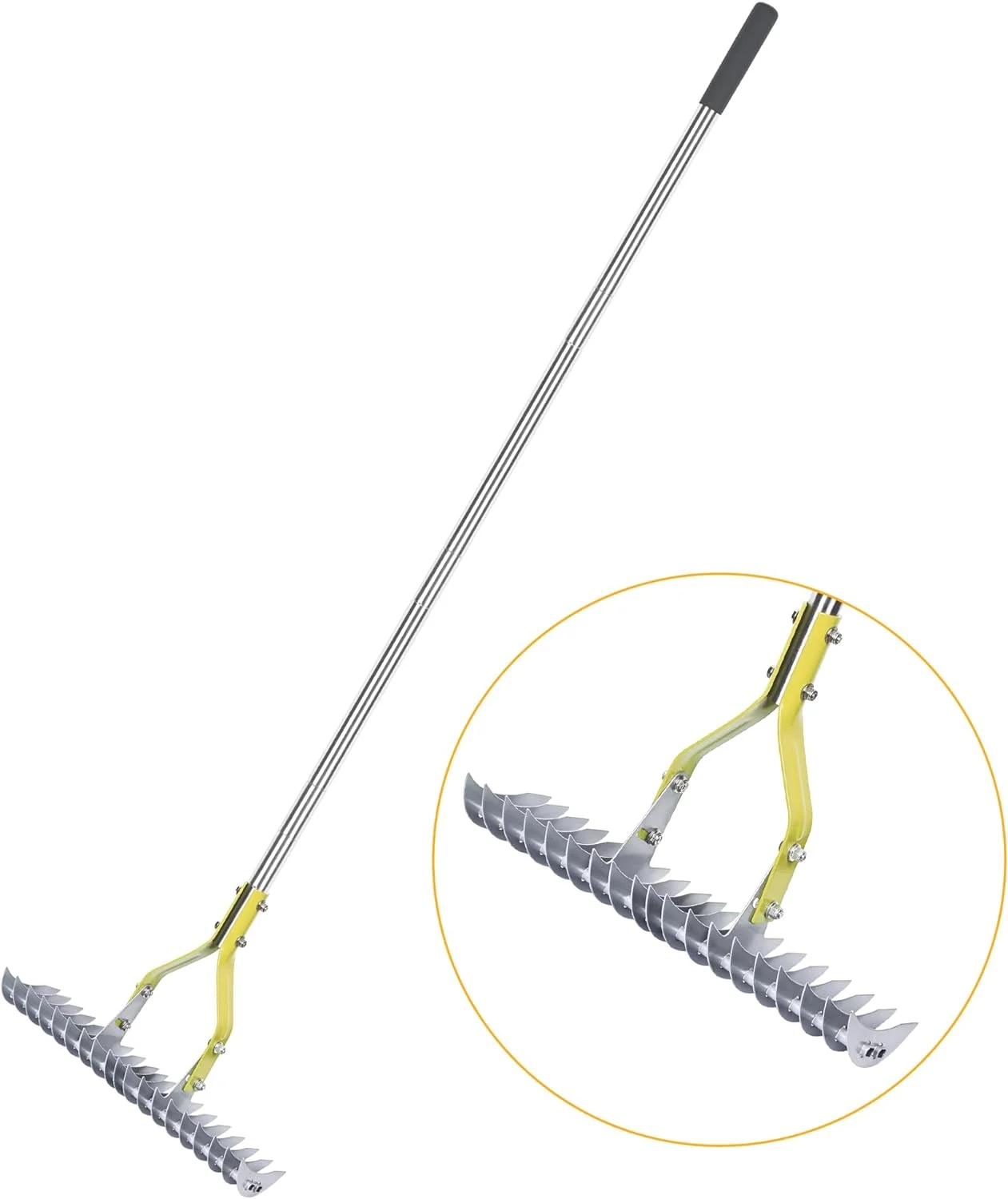 Thatch Rake, 15-Inch Wide Lawn Thatching Rake for Cleaning Dead Grass, Efficient Steel Metal Lawn Grass Rake with Stainless Steel Handle, Lawn loosening Soil Rake, 58.5-Inch Length.