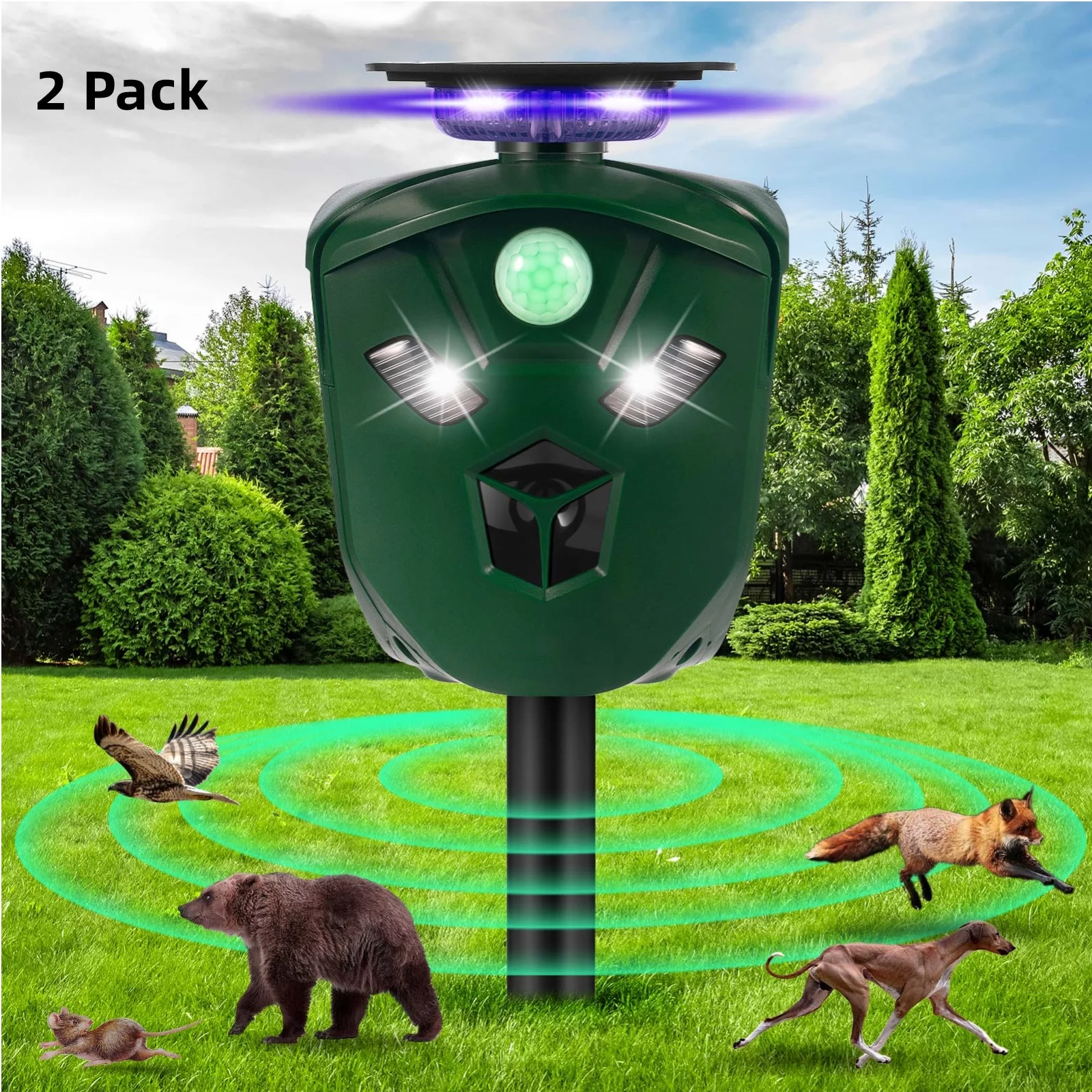 G·PEH Ultrasonic Animal Repeller Solar Powered Cat Repellent Outdoor Waterproof with Motion Sensor LED Flashing Light 360° Deer Repellent for Cat, Squirrels, Skunk, Fox, Raccoon, Rabbit(2 Pack)