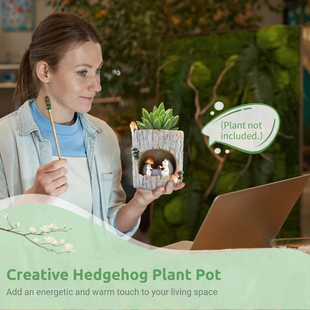Creative Hedgehog Plant Pot, Lovely Resin Succulent Pot with Drainage Hole, Small Modern Decorative Flower Pot, Durable Flowerpot for Home / Office Desktop Decor