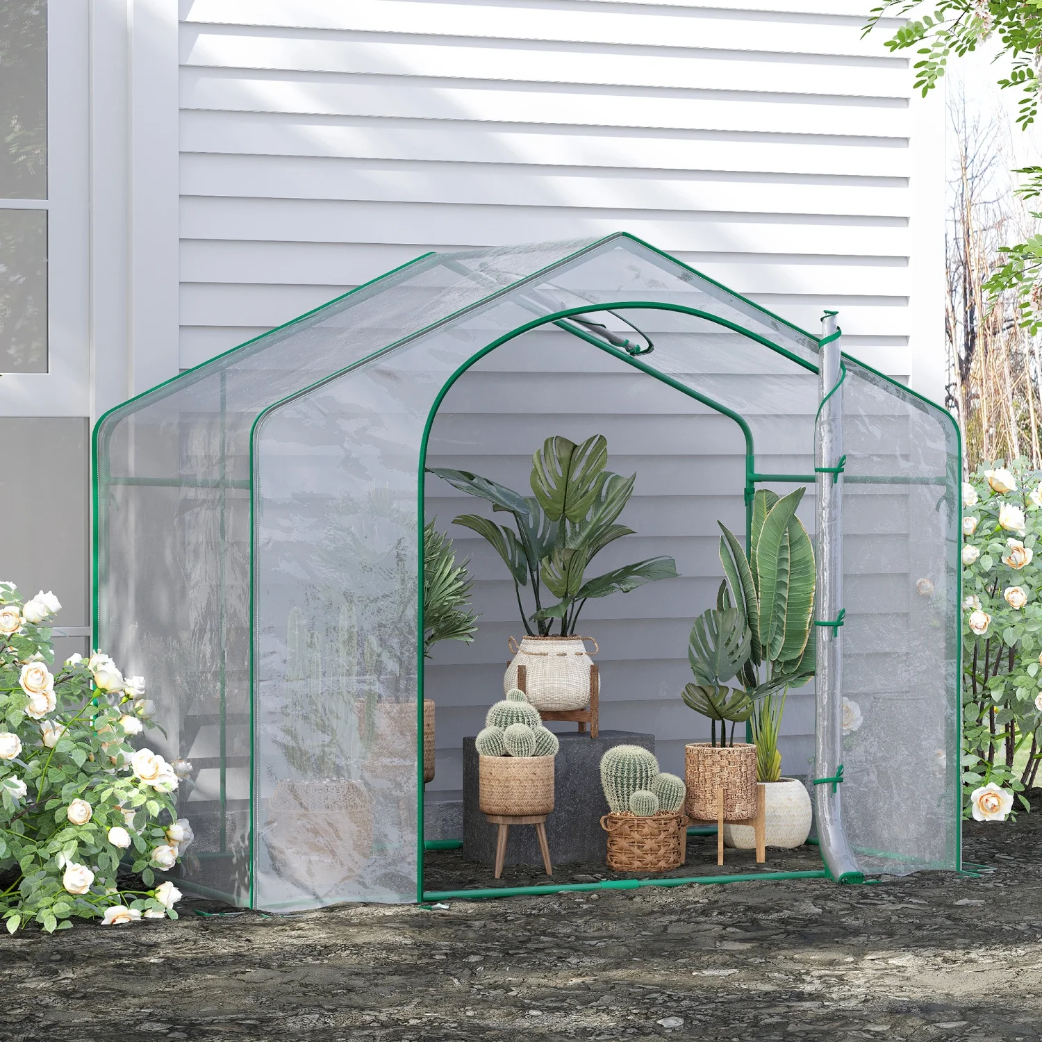 JHOOTUUO 6‘ x 3‘ x 5‘ Portable Walk-in Greenhouse  PVC Cover  Steel Frame Garden Hot House  Zipper Door  Top Vent for Flowers  Vegetables  Saplings  Clear