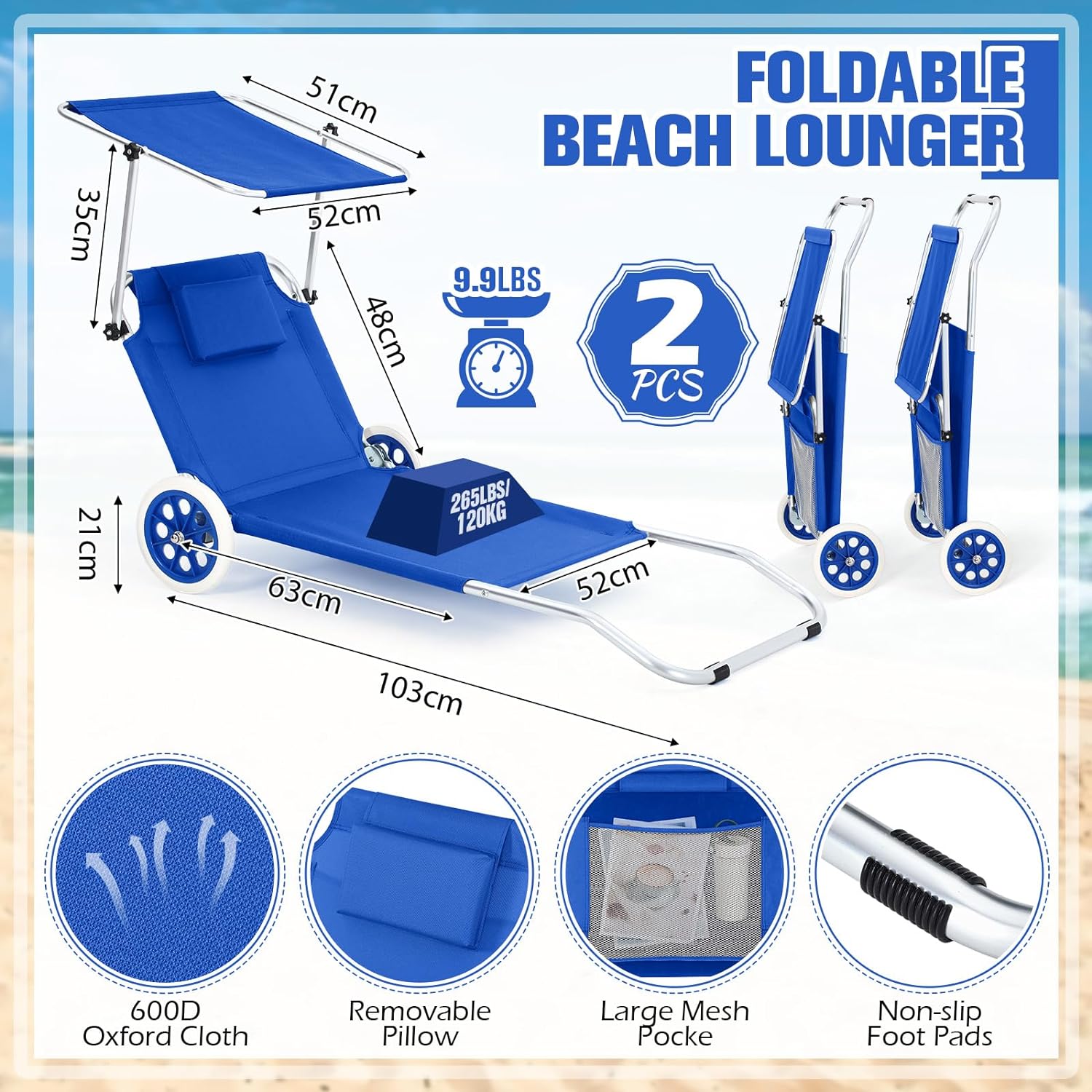 2 Pack Portable Outdoor Chaise Lounge Chairs with Wheels Folding Beach Lounge Chair with Canopy Sun Shade and Pillow, Adjustable Sunbathing Lounge Chair for Outdoor Beach Pool