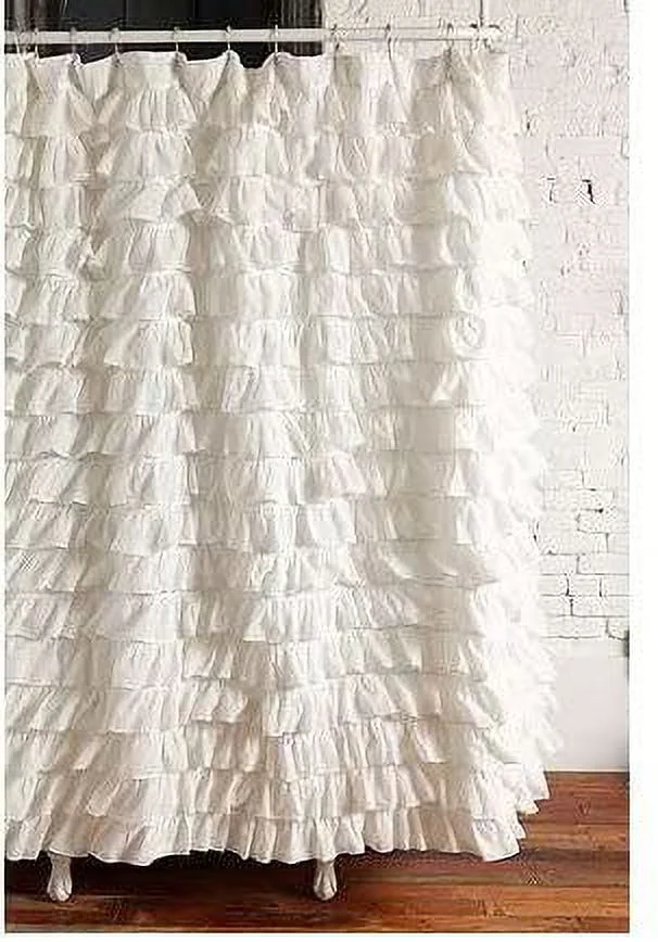 Waterfall Ruffled Fabric Shower Curtain (White)