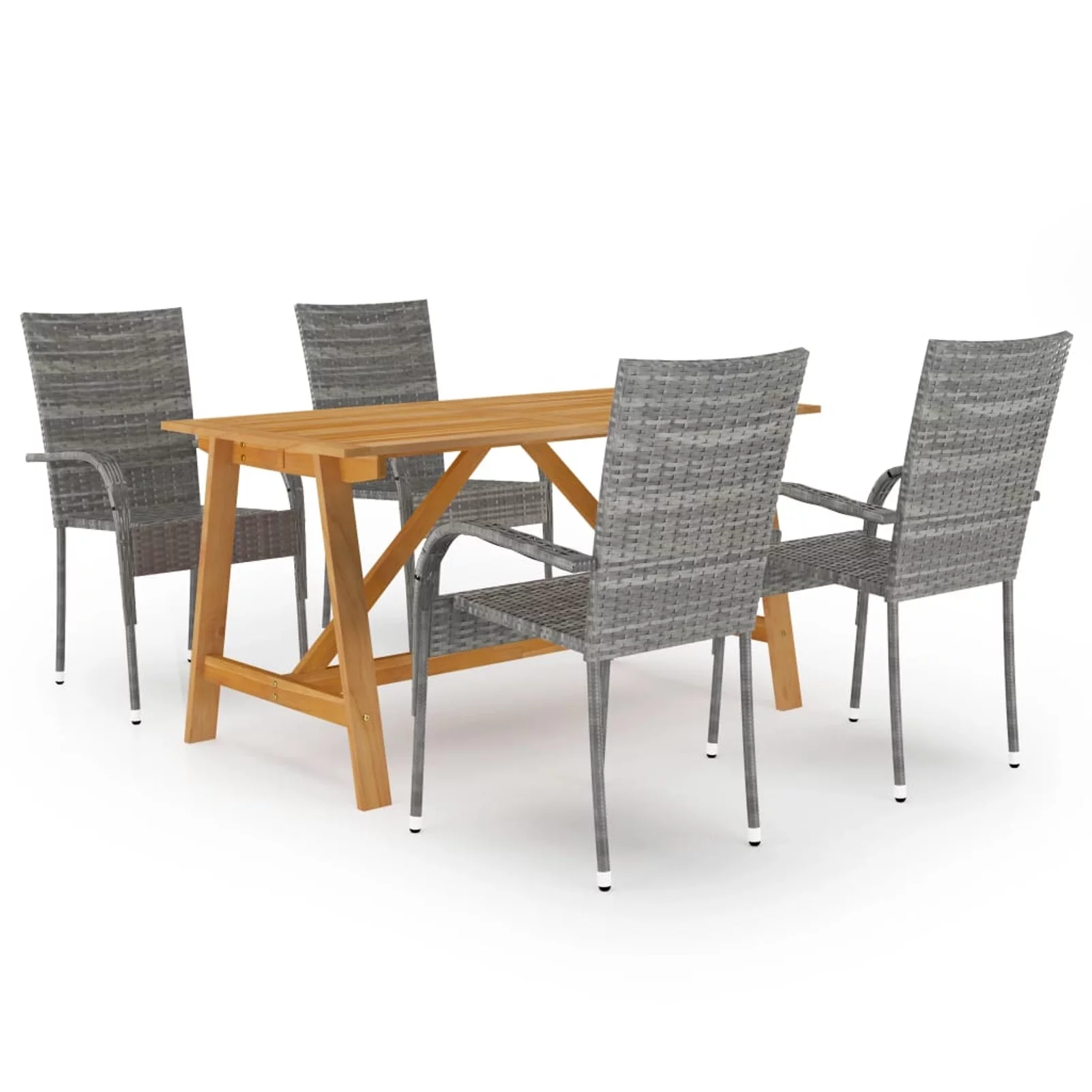 moobody Set of 5 Patio Dining Set Acacia Wood Tabletop Table and 4 Chairs Gray Poly Rattan  Dining Set for Garden, Lawn, Courtyard