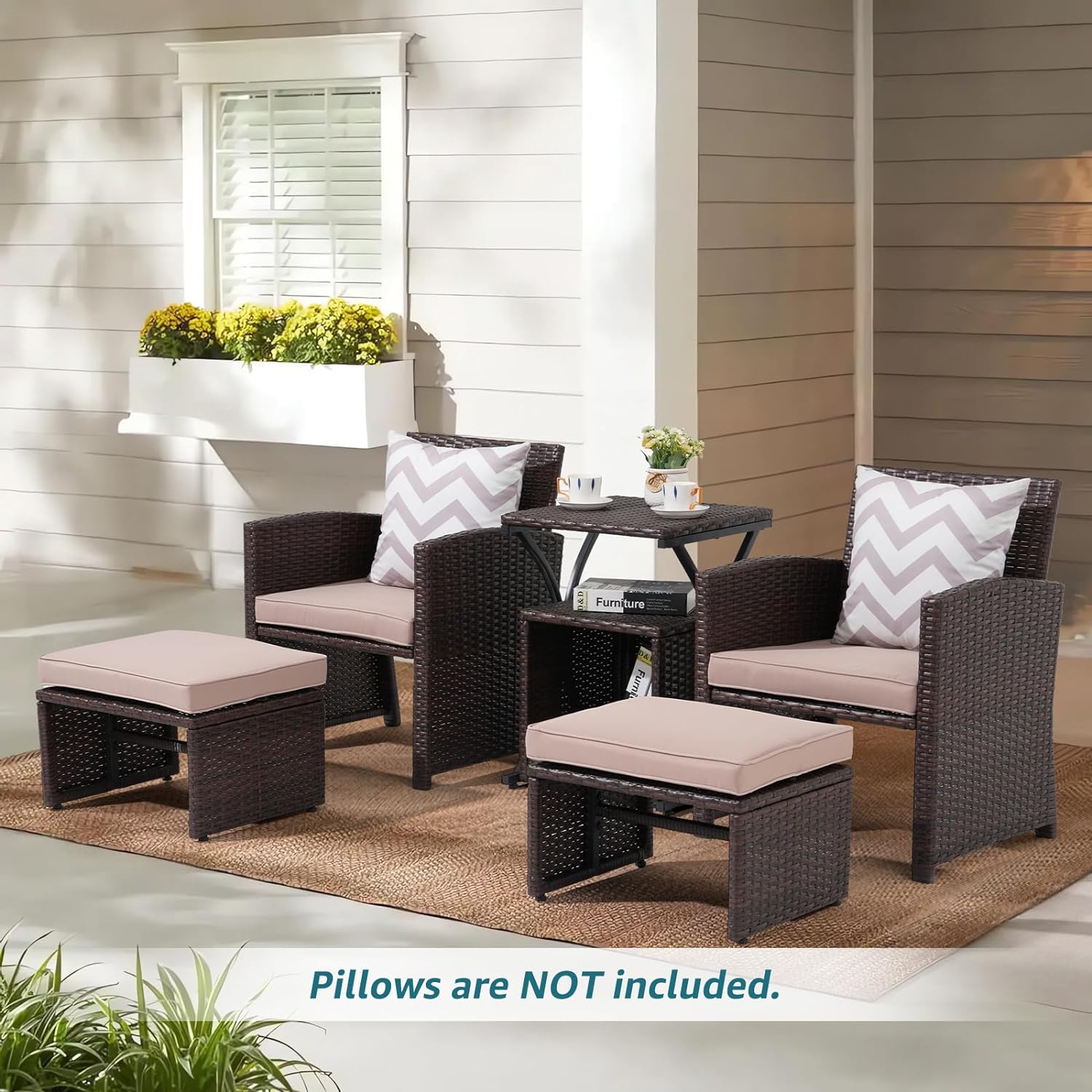 Dina 6 Piece Patio Wicker Furniture Set  Balcony All Weather Rattan Chair  with Space Saving Ottoman  Resin Nesting Coffee Table  Modern Design  Dark Grey