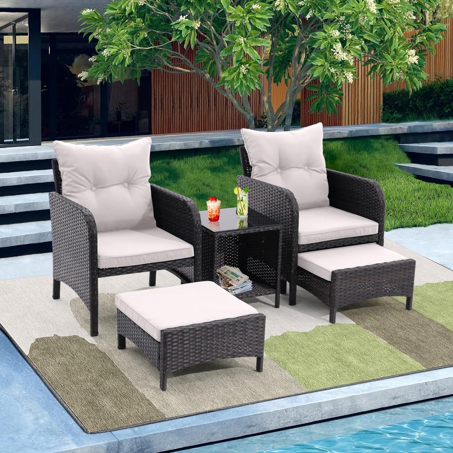 5 Pieces PE Wicker Patio Furniture Set Outdoor Patio Chairs with Ottomans  Conversation Furniture with Coffee Table for Poolside Garden Balcony Yard (Beige)