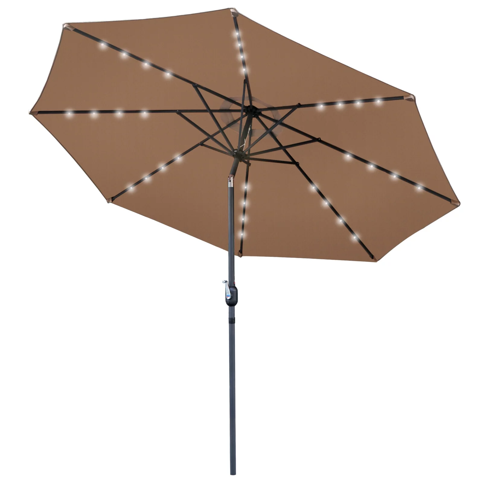 SuperDeal Patio Solar Umbrella 32 LED Tiltable Crank Height Adjustable 10 ft, Brown