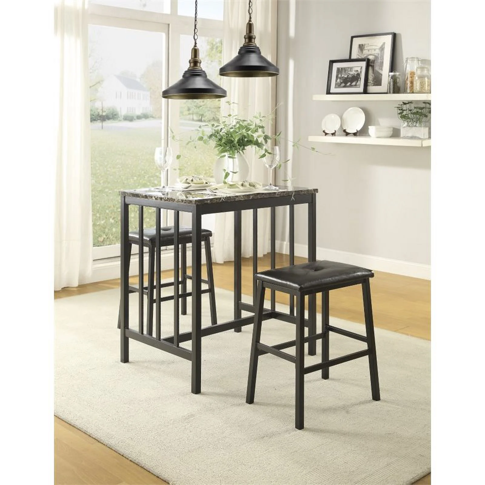 Pemberly Row 3 Piece Faux Marble Top Counter Height Dining Set in Black
