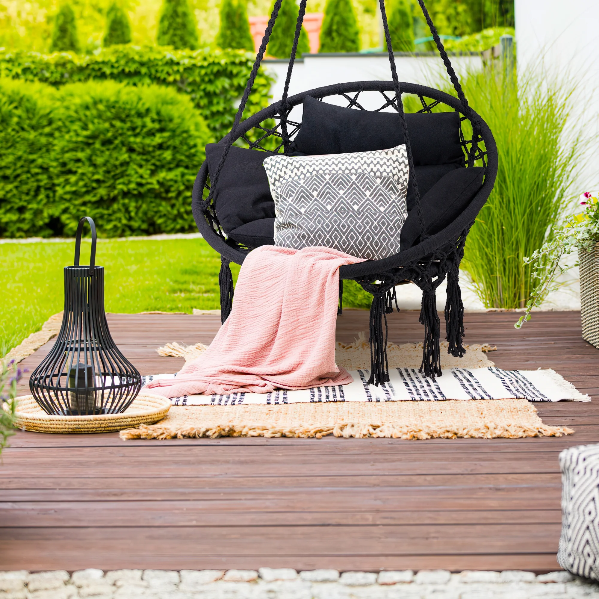 Reyletex Macrame Hammock Hanging Swinging Chair with Medium Cushion, Perfect for Bedroom, Porch, Adults, Balcony, Black