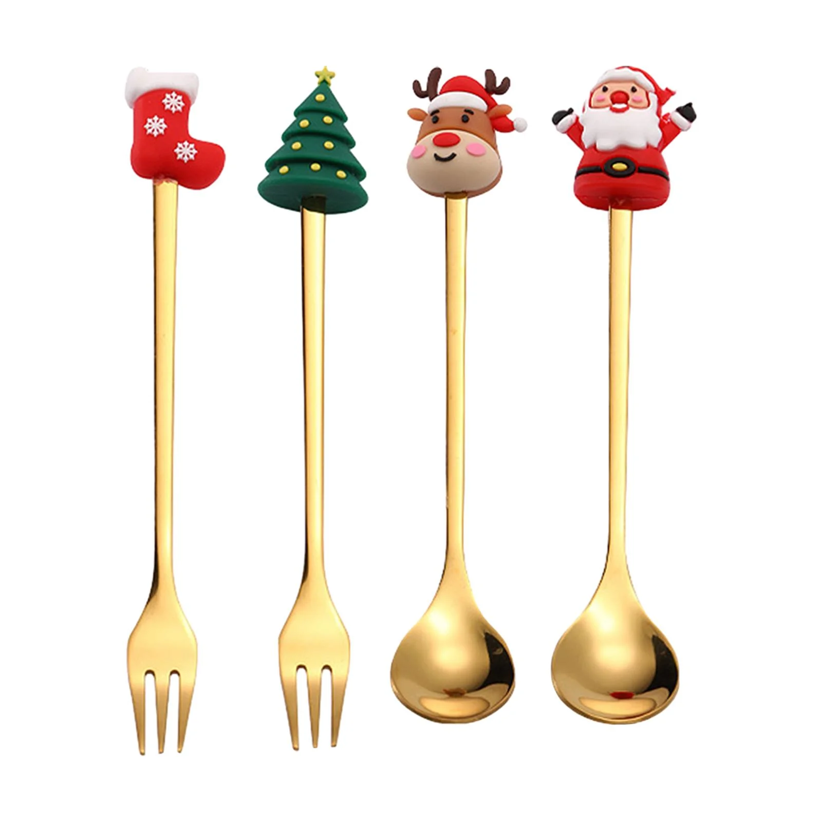 Xmas Spoons Forks Set Stainless Steel Dessert Spoons Forks Multipurpose Coffee Spoon Western Food Fork for Salad Wedding Cake Gold 4Pcs