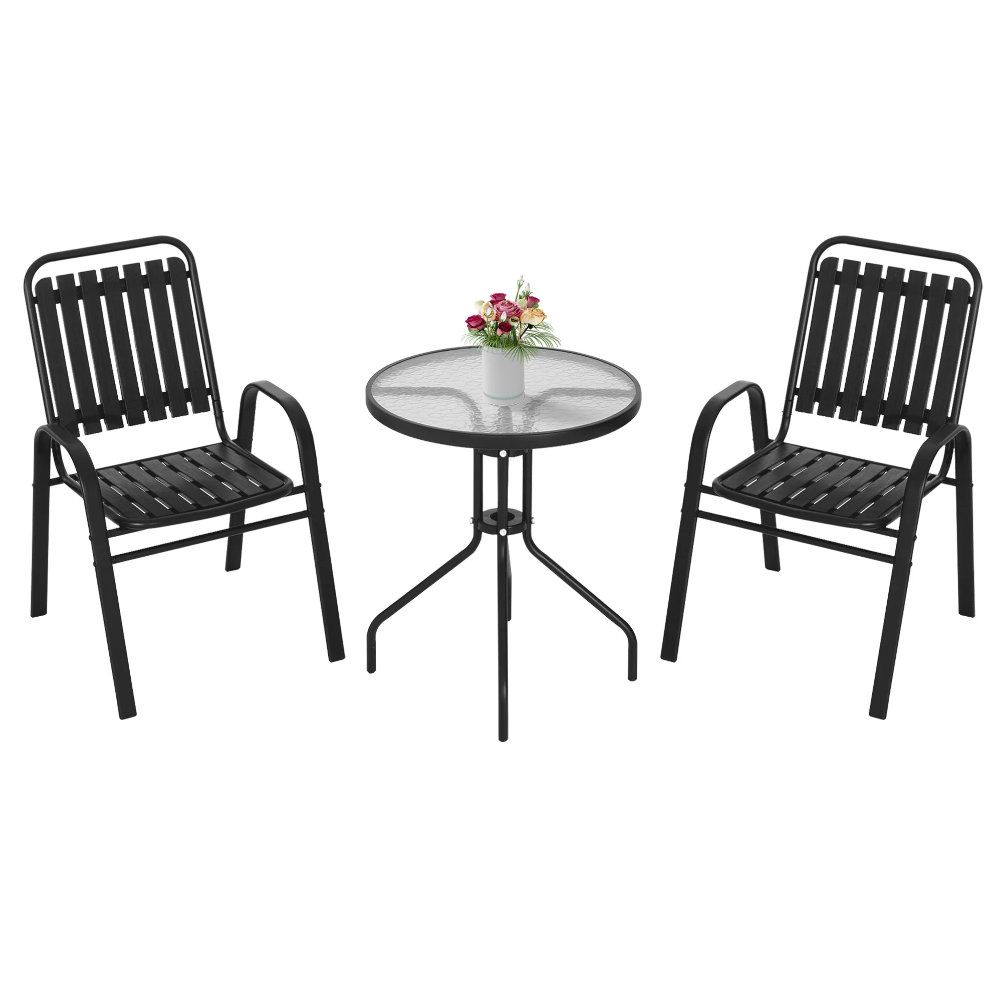 3 Pieces Outdoor Bistro Patio Set Table Chairs Balcony Furniture for Garden Porch Yard, Black