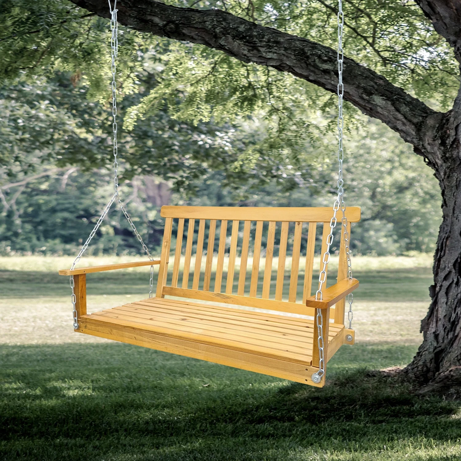Comfortable Front Porch Swing with Armrests  Sturdy Wood Bench Swing with Hanging Chains  Ideal for Outdoor Patio  Garden Yard  porch  backyard  or sunroom  Easy to Assemble  Beautiful Te