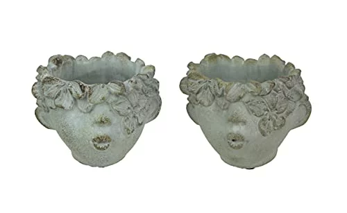 Set Of 2 Pucker Up Concrete Head Kissing Face Mini Decor Planters 4 Inch Tall, Gray, One Size