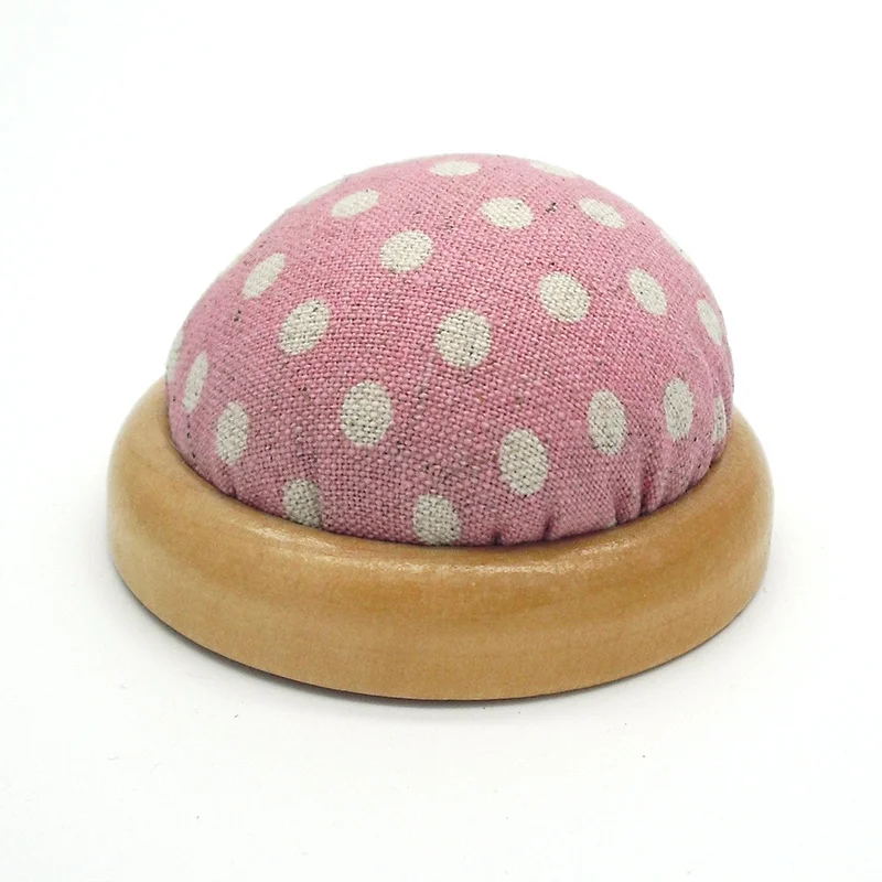 NAMZI Round Pin Cushion with Wooden Base and Printed Floral Fabric Coated for Daily Needlework (Pink)