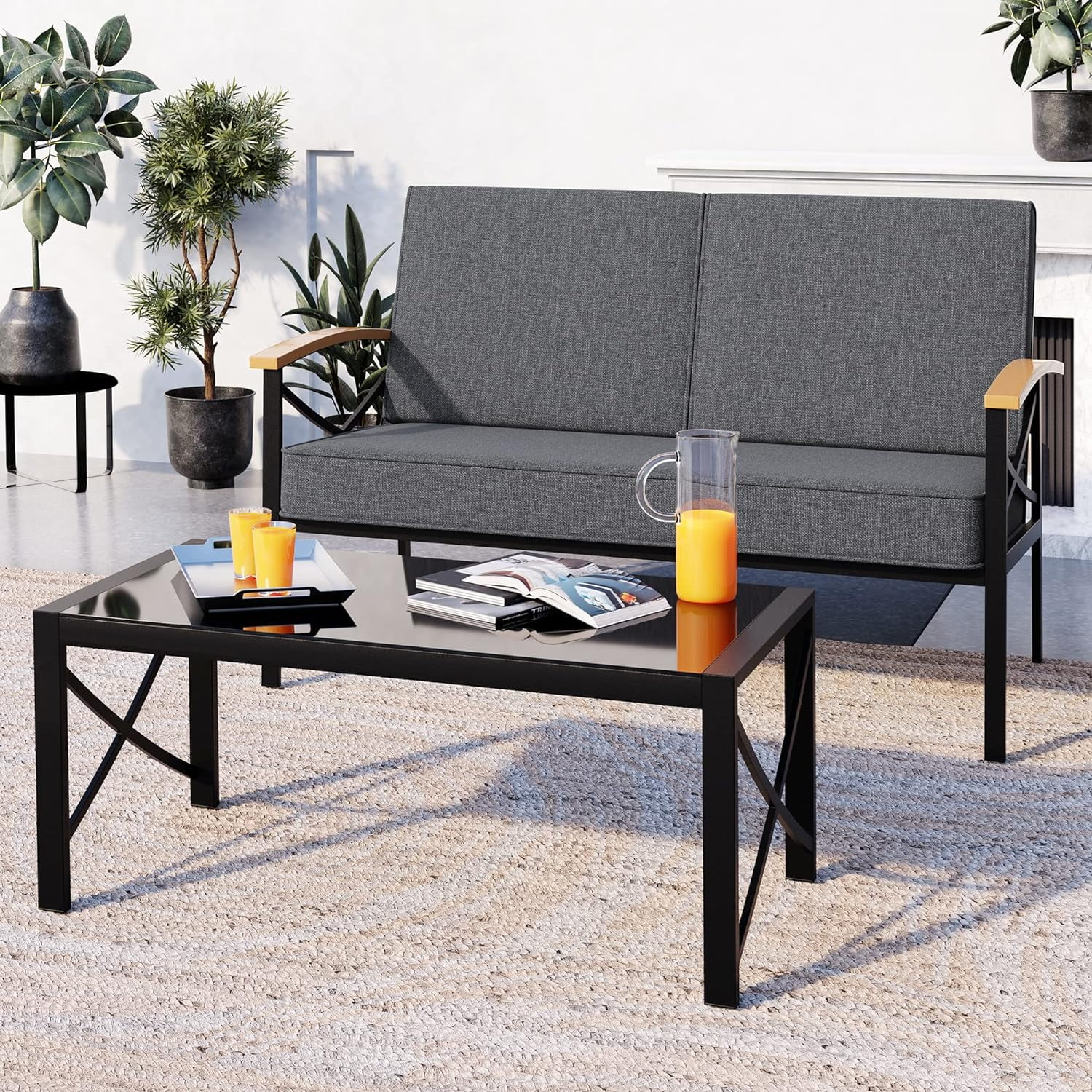 Dina Outdoor Metal Patio Furniture Set 5 Piece  Wrought Iron Patio Furniture Set  Outdoor Conversation Sets with Coffee Table and Removable & Washable Cushion