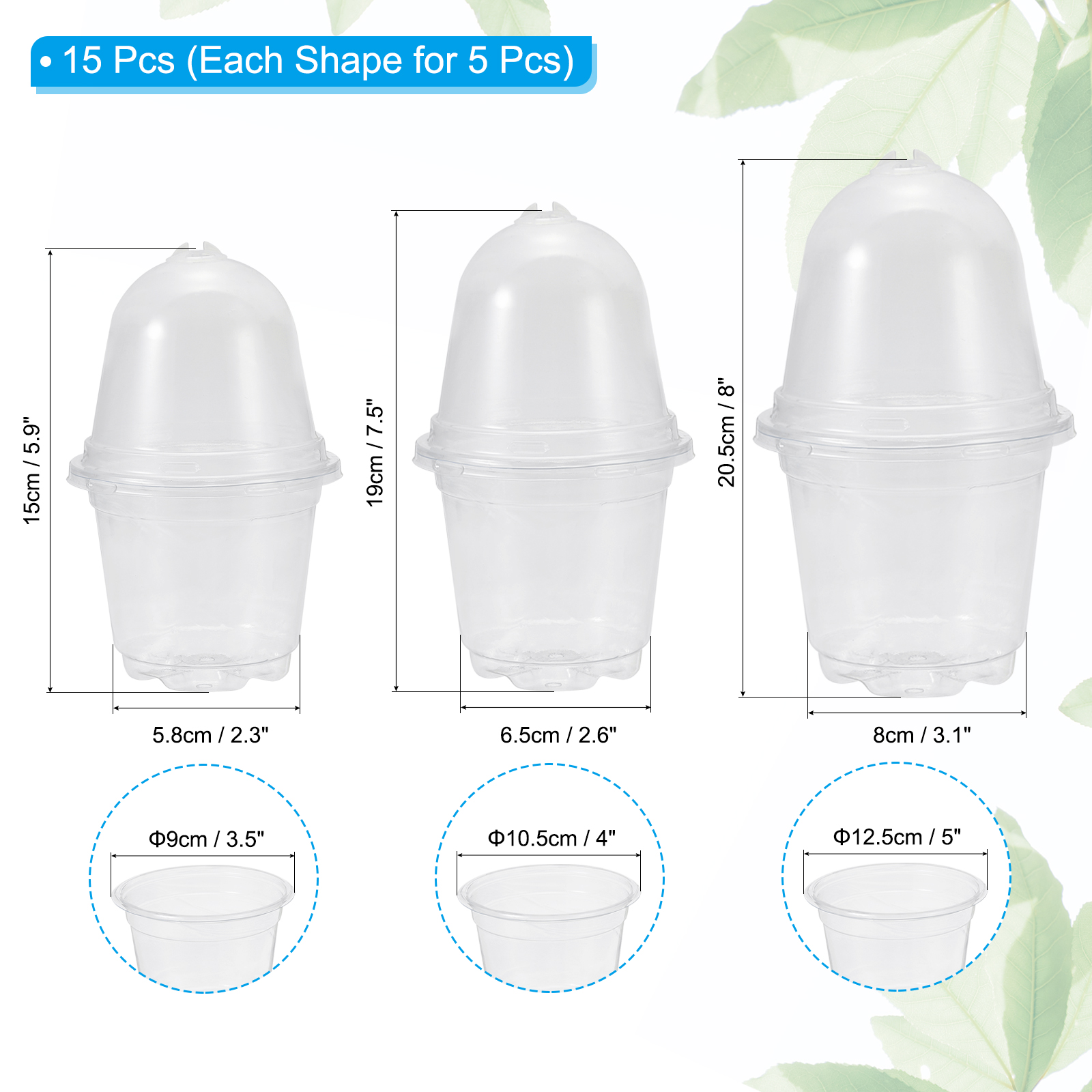 Uxcell Nursery Pots with Humidity Dome, 15 Sets 3.5/4/5 Inch Plant Starting Pots with Drainage Holes, Transparent