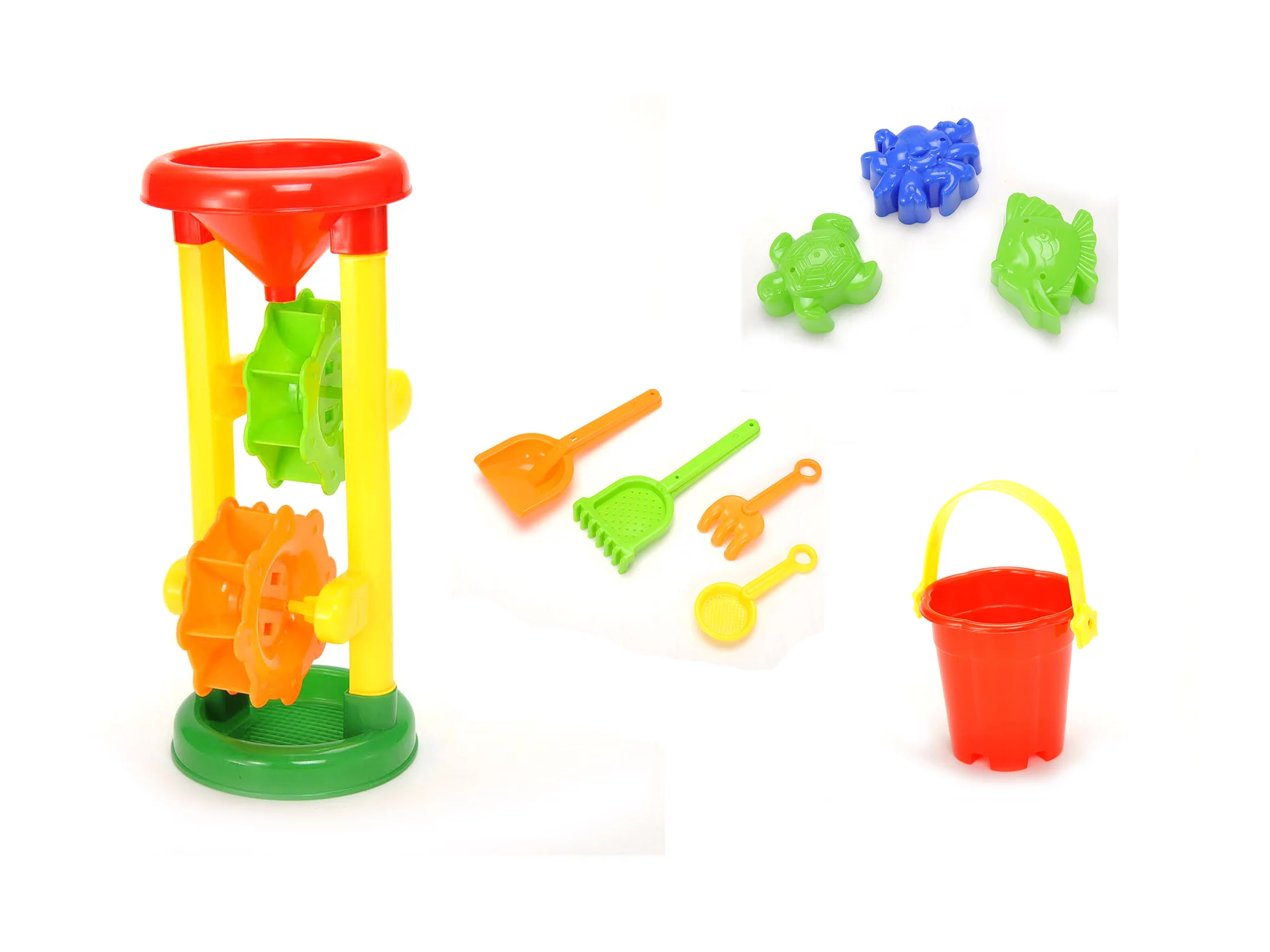 10 Piece Beach Sand Toys Set, Two wheel hourglass, Bucket, Shovels, Rakes, 3 Sand Molds and Boat - Seaside Toys Set for Children