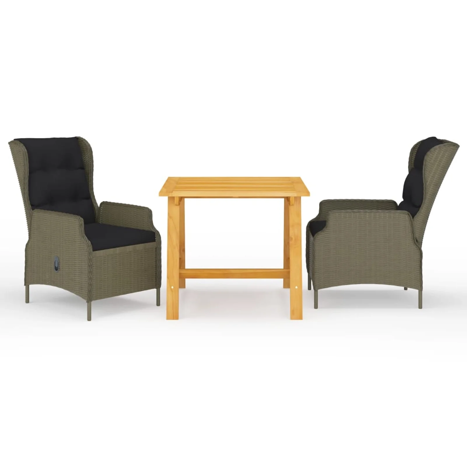 moobody 3 Piece Patio Dining Set Acacia Wood Table and 2 Backrest Adjustable Chairs with Seat and Back Cushion Brown Poly Rattan for , Garden, Backyard, Balcony