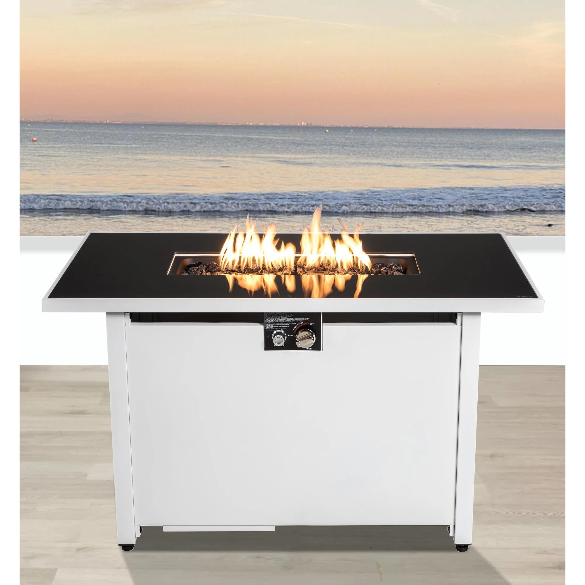 Living Source International LSI 42 White Smoked Glass Metal Rectangle Fire Pit Black