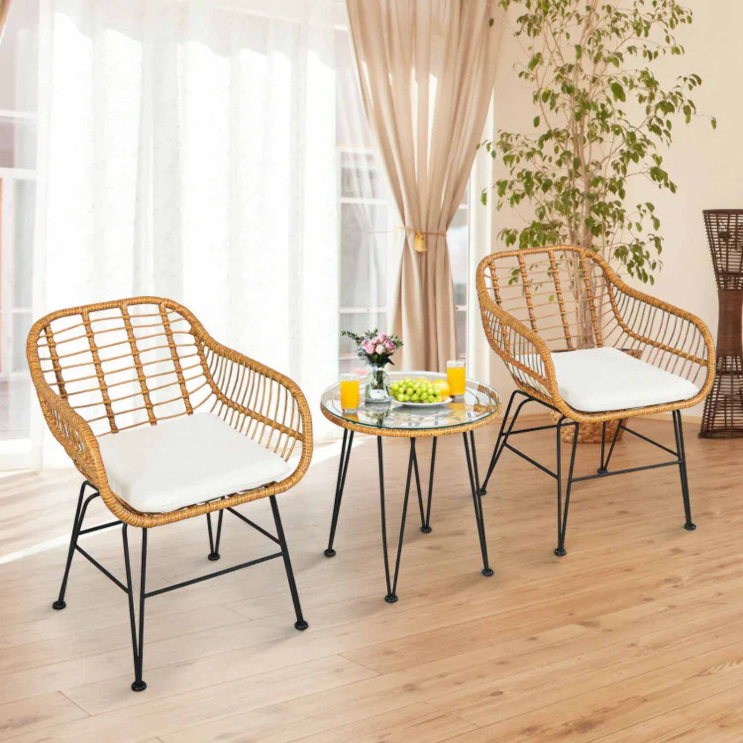 3 Piece Rattan Patio Chair and Table Set
