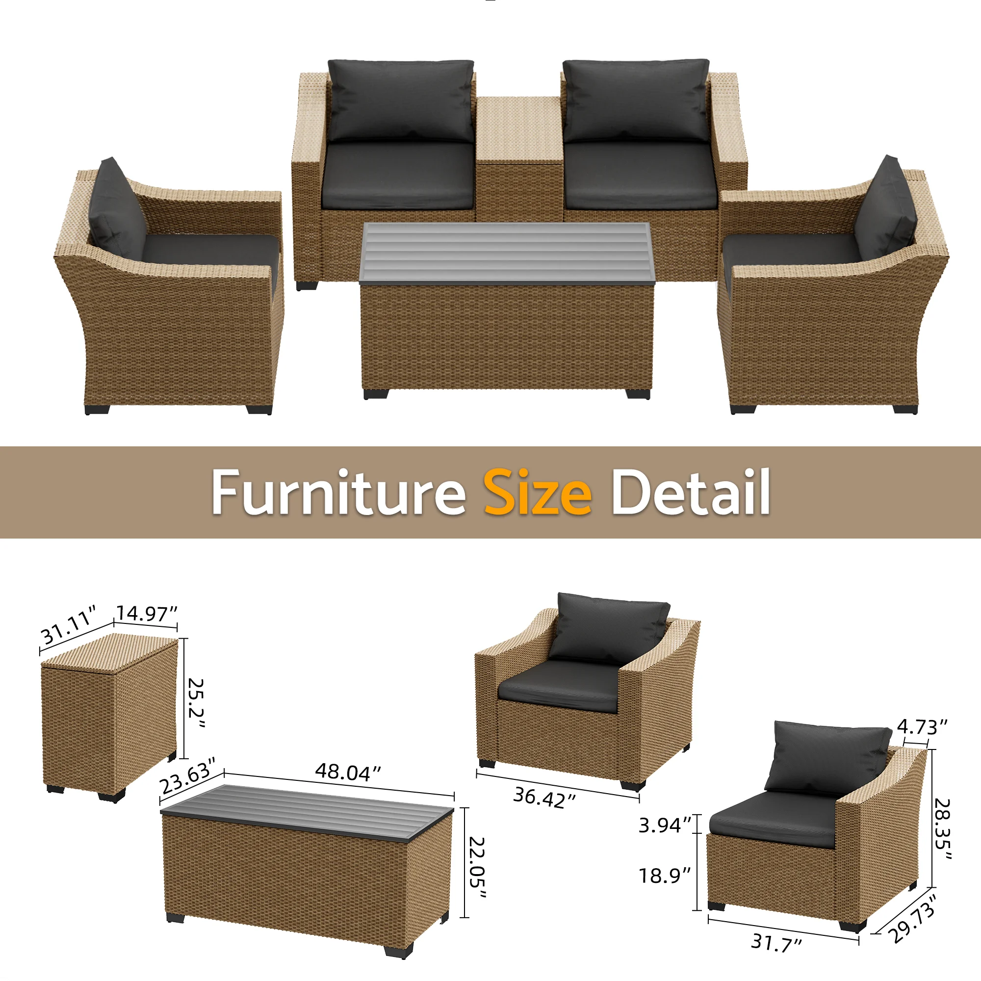 Bifanuo Extra Large Outdoor Rattan 6-Piece Conversation Set - Featuring Wine Cabinet, Coffee Table (YE-BK)