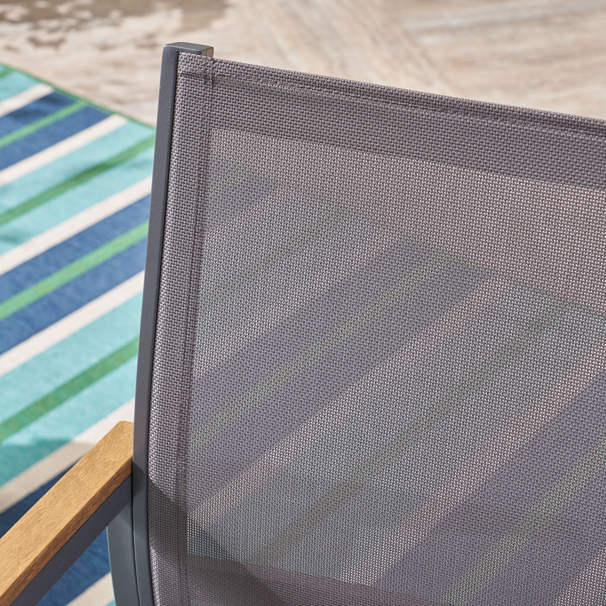 Joanna Outdoor 7 Piece Aluminum and Mesh Dining Set with Wood Top,Natural Finish, Gray