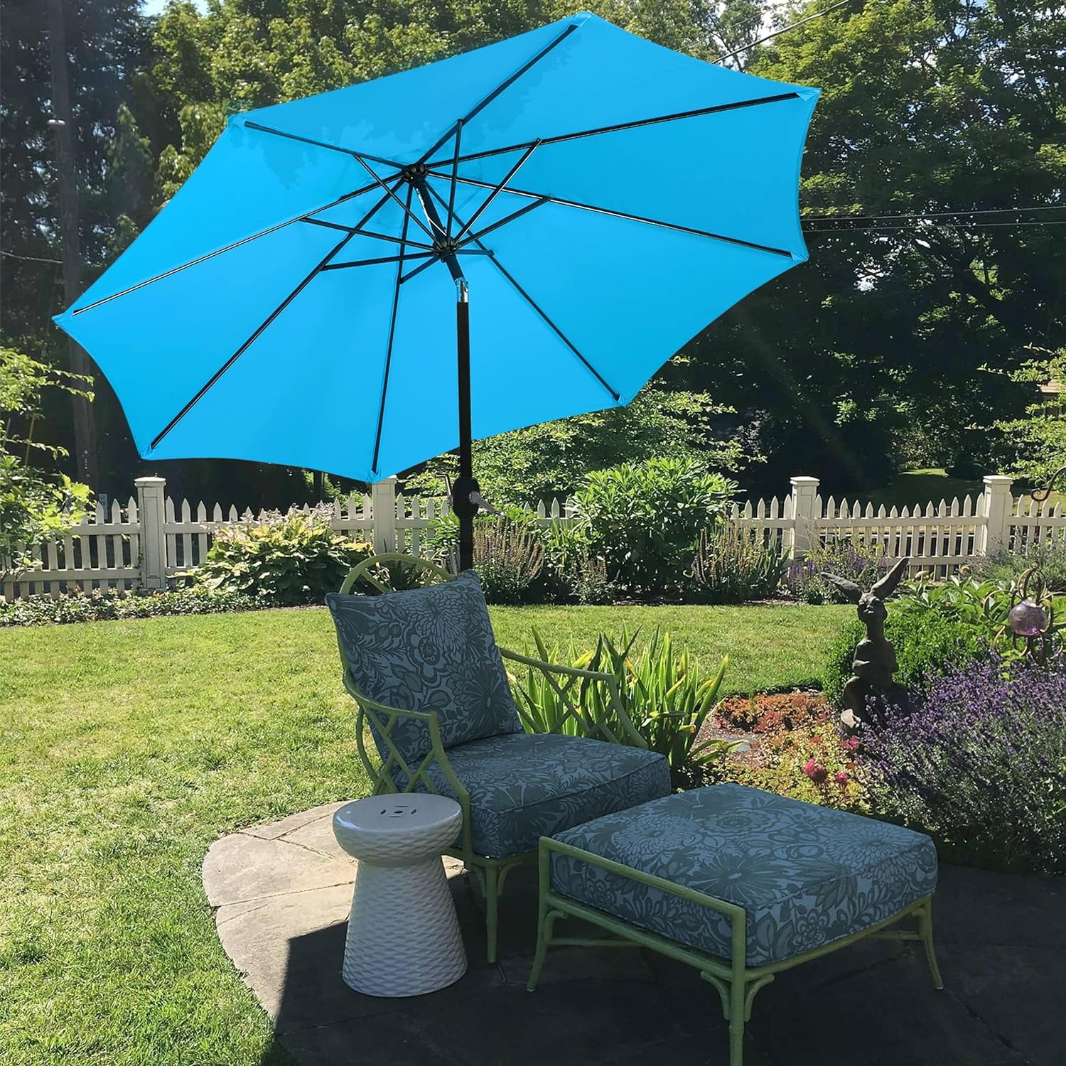9FT Garden Table Umbrella with 30lb Patio Umbrella Base, Patio Market Umbrella with Push Button Tilt, Crank and 8 Sturdy Ribs, Outdoor Patio Umbrella w/Base Included Heavy Duty - Sky Blue